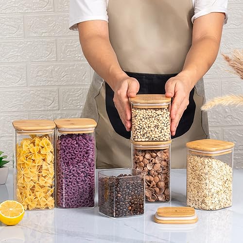 Miniatura 6 de Laramaid Tarro cuadrado de vidrio de 51 onzas, tarro de almacenamiento con tapa de bambú y anillo de sellado, recipientes de almacenamiento de