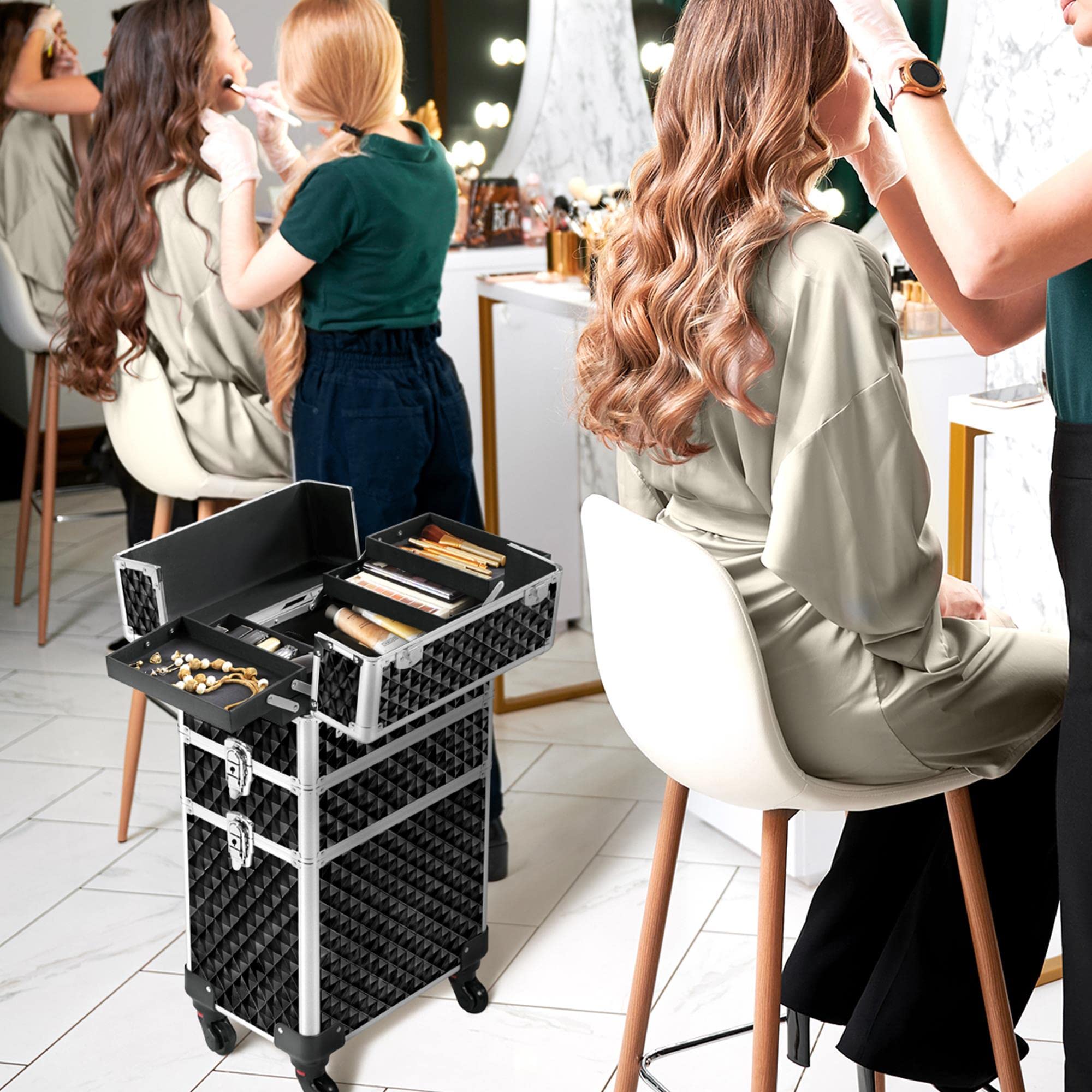 Yaheetech 3 en 1 Maleta de Maquillaje Meleta Portatil Organizador Estuche Cosméticos Superficie Bandeja para Viaje Trabajo Maleta con Ruedas Negro