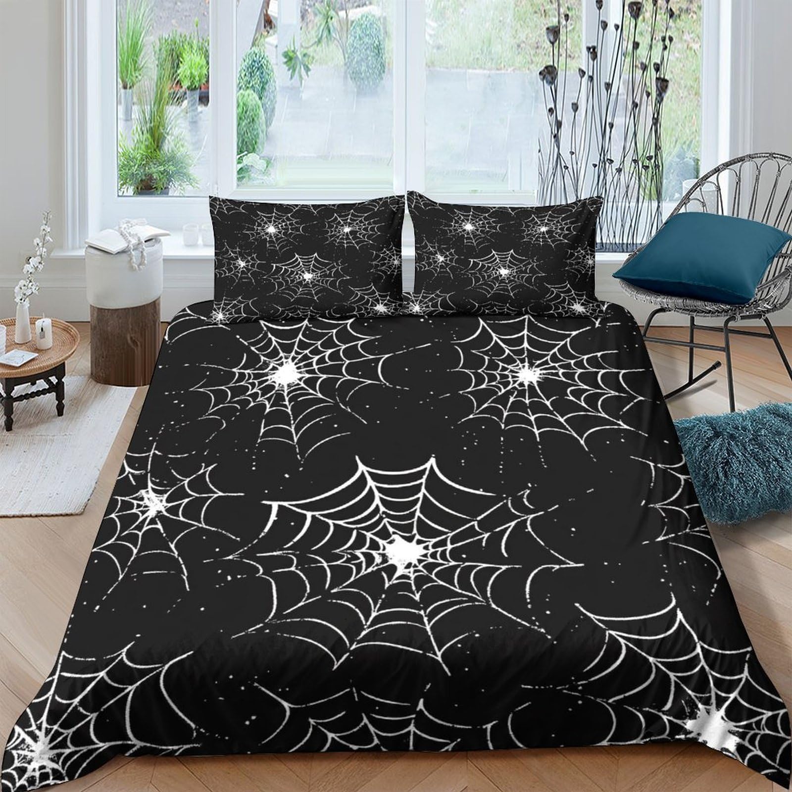 GPLZQXKJNH 3D Printed Spider Web Duvet Cover Microfiber Black White Bedding Set with 2 Pillowcases for Bedroom Decor Single（135x200cm）