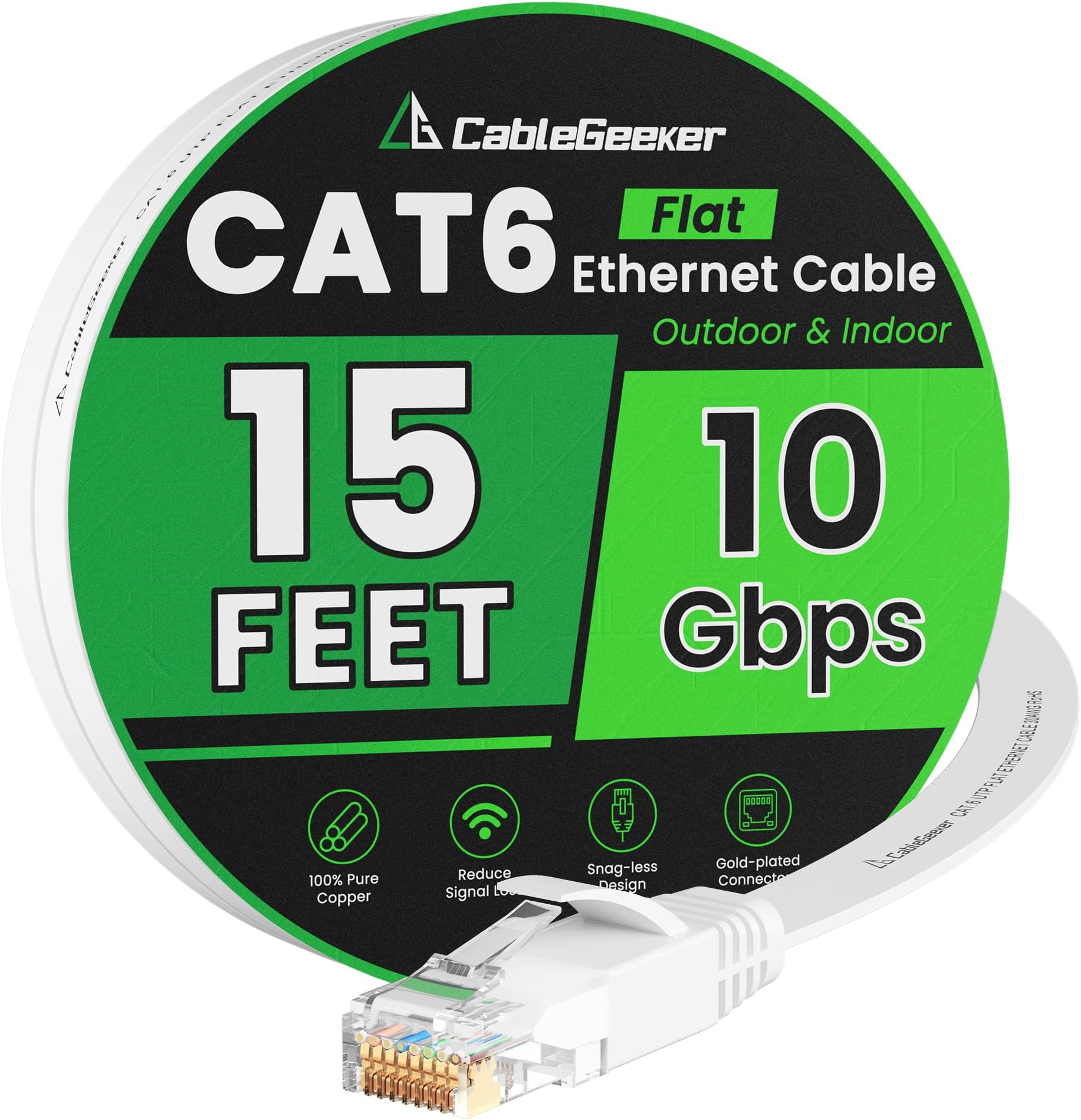 Cat 6 Ethernet Cable 15ft, Indoor&Outdoor, High Speed 10Gbps Flat Internet Network Cable, Pure Copper Ethernet Patch Cable Short, Cat6 Computer Cable with Snagless RJ45 Connectors, White