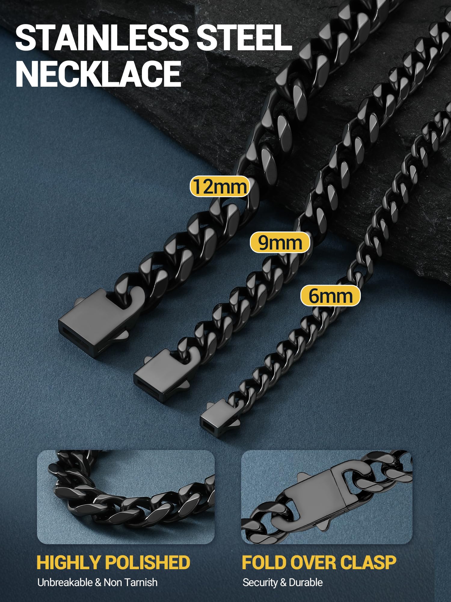 PROSTEEL Naszyjnik męski łańcuszek ze stali nierdzewnej/pozłacany, naszyjnik kubański męski czarny, szerokość 6/9/12 mm, długość 46/51/55/61/66/71/76 cm, biżuteria hip-hopowa, 46 CM, Stal nierdzewna