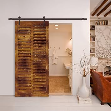 Japanese Series Pre Assemble Stained Wood Interior Sliding Barn Door with Hardware Kit Thermally Modified Walnut, 42"x84"