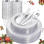Ciaell 150PCS Clear Silver Plastic Plates - Silver Disposable Plates include 25Dinner Plate, 25Dessert Plate, 25Forks, 25Knives, 25Spoons, 25Cups for Weddings & Parties