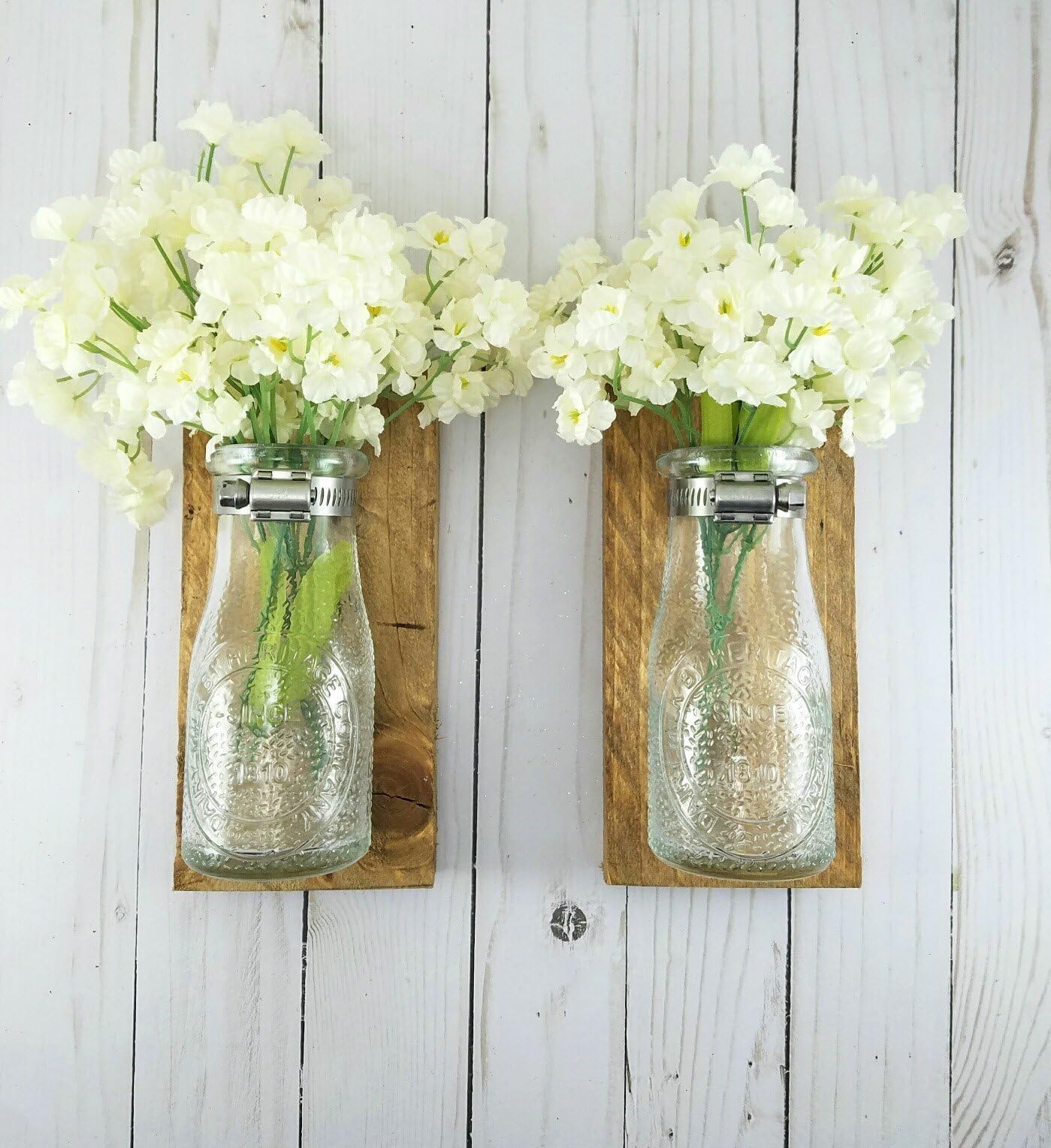 Reclaimed Wood Wall Decor - Dairy Bottle Flower Holder - Milk Bottle Bud Vase - Wall Vase - Farmhouse Home Decor - Bathroom Wall Decor