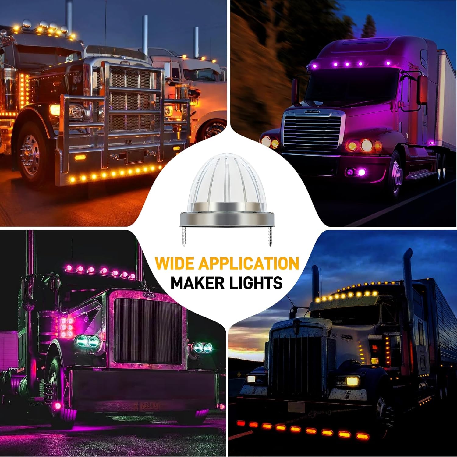 2PCS Dual Revolution Amber Turn Signal and Marker to Purple Auxiliary 17 LED Watermelon Lights, Clear Lens & Stainless Steel Bezel Marker Light for Freightliner Kenworth Peterbilt Trailer Heavy Truck