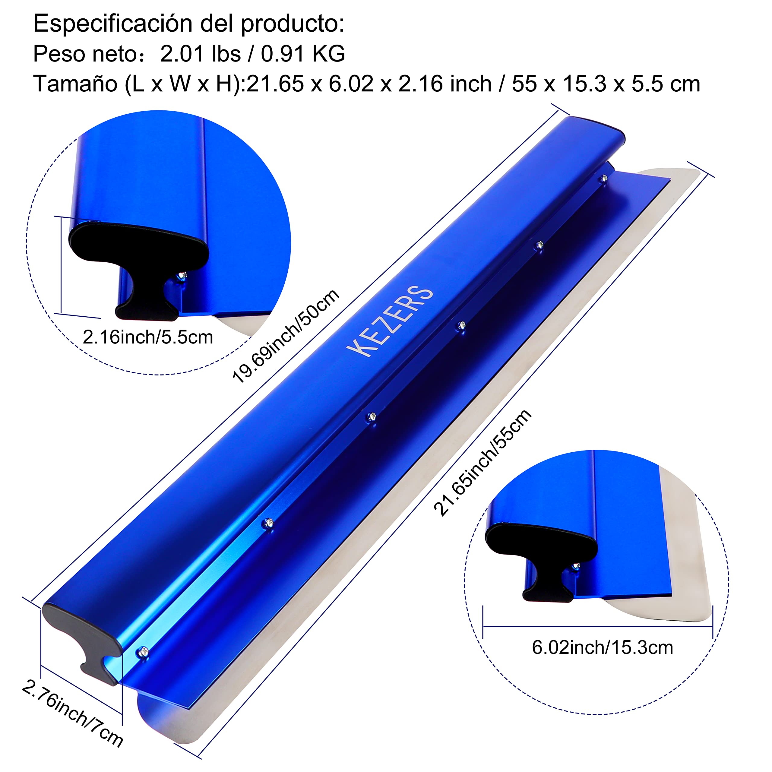 KEZERS 55cm Espátula de alisado,llana alisar paredes de acero inoxidable de 0,3 mm, Skimming Blade,Espatulas alisado paredes con tapones de alto impacto,Espátula de desnatación para paneles de yeso