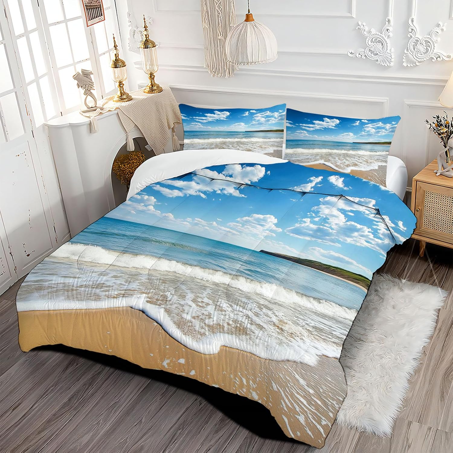 3D Golden Beach Comforter Set Queen Size Bedding Set Beautiful Sea View All Season Down Comforter Printed Quilted with 2 Pillow Shams for Kids, Teens, Adults 90 x 90in Sky Blue