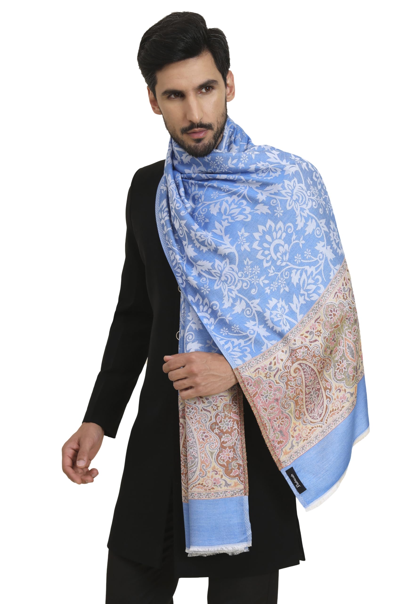 pashtush Mens Bamboo Stole, Jacquard Reversible design, Blue-picture-38