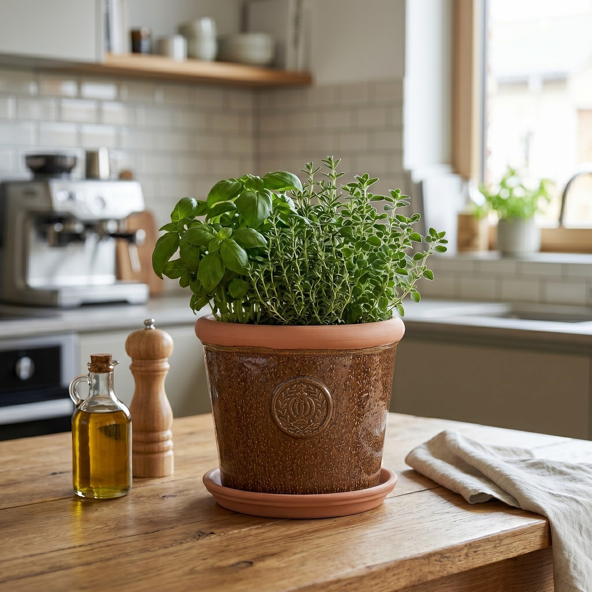 Teramico Pot de fleurs en céramique de qualité supérieure avec soucoupe (marron, 36 cm x 28 cm)