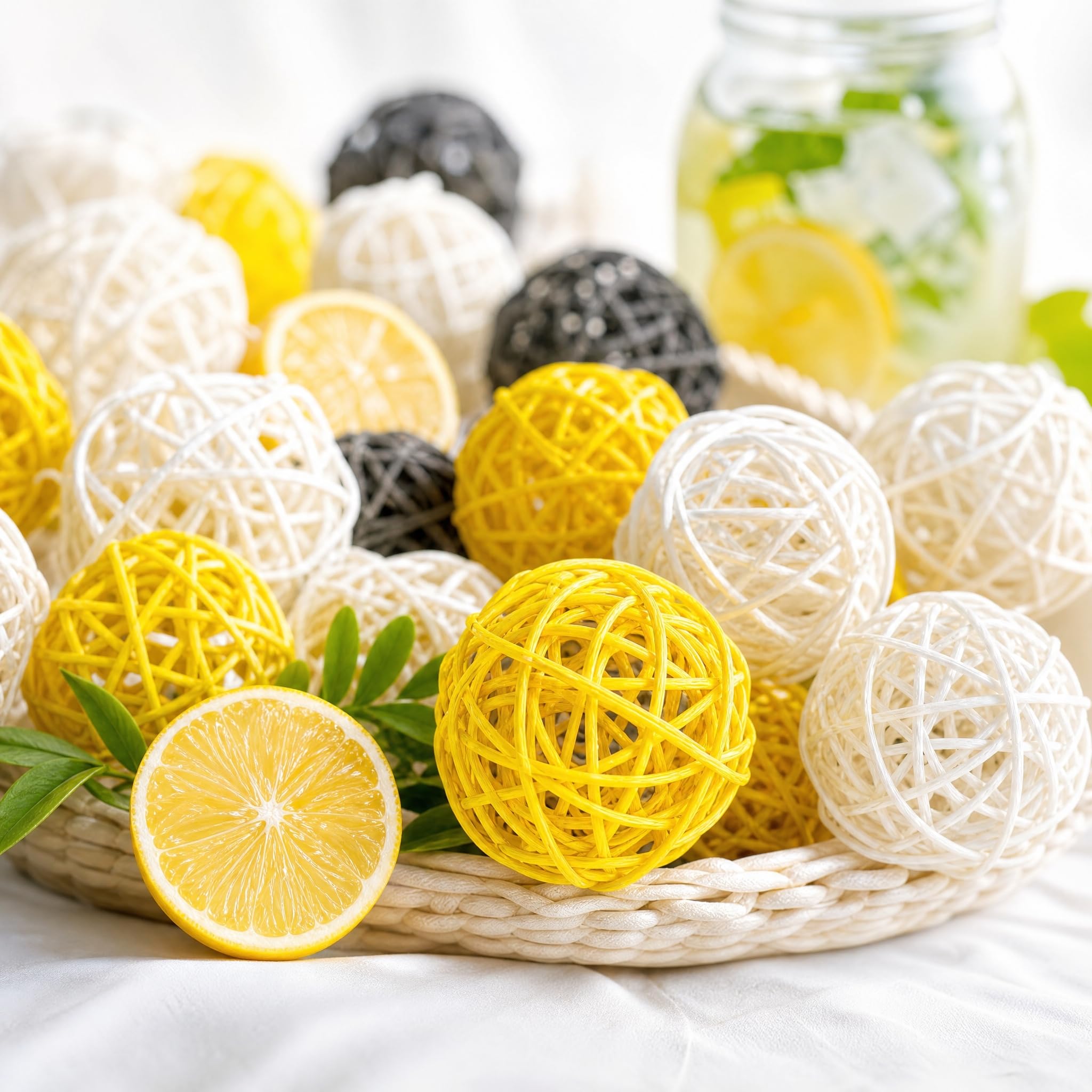DomeStar 24PCS Yellow Decorative Balls for Bowl Centerpiece, 2 Inch Rattan Balls Wicker Balls Decorative Twig Orbs Spheres Bowl Fillers Vase Fillers Home Wedding Decor