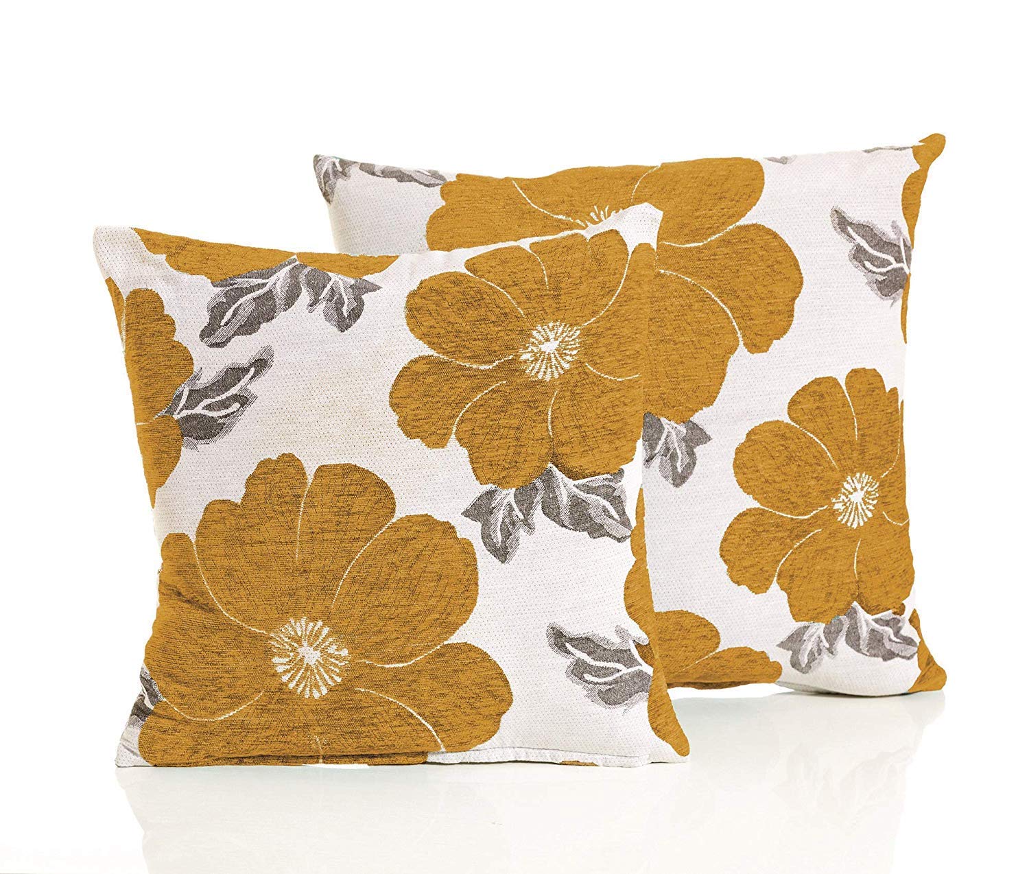 Alan Symonds Ochre Floral Poppy Chenille Cushion Covers 22" X 22" (55Cm X 55Cm) Off White Ground With Flowers And Grey Leaves