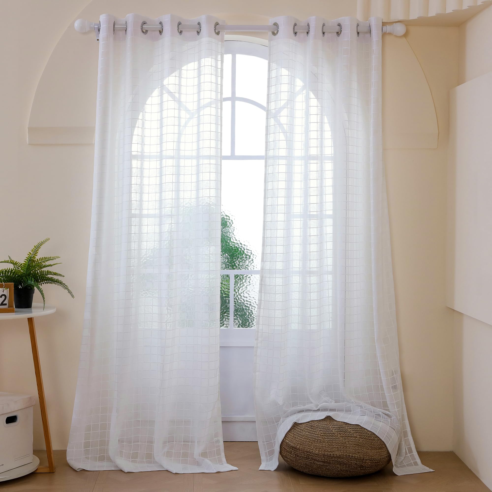 Story@Home Sheer Curtains 8 Feet Long Set of 1 | Checkered Print | Transparent Net Curtain | Semi Long Door Curtains for Living Room,(118 X 242 Cm, White) | Elegant Airy Net Drapes for Home Decor