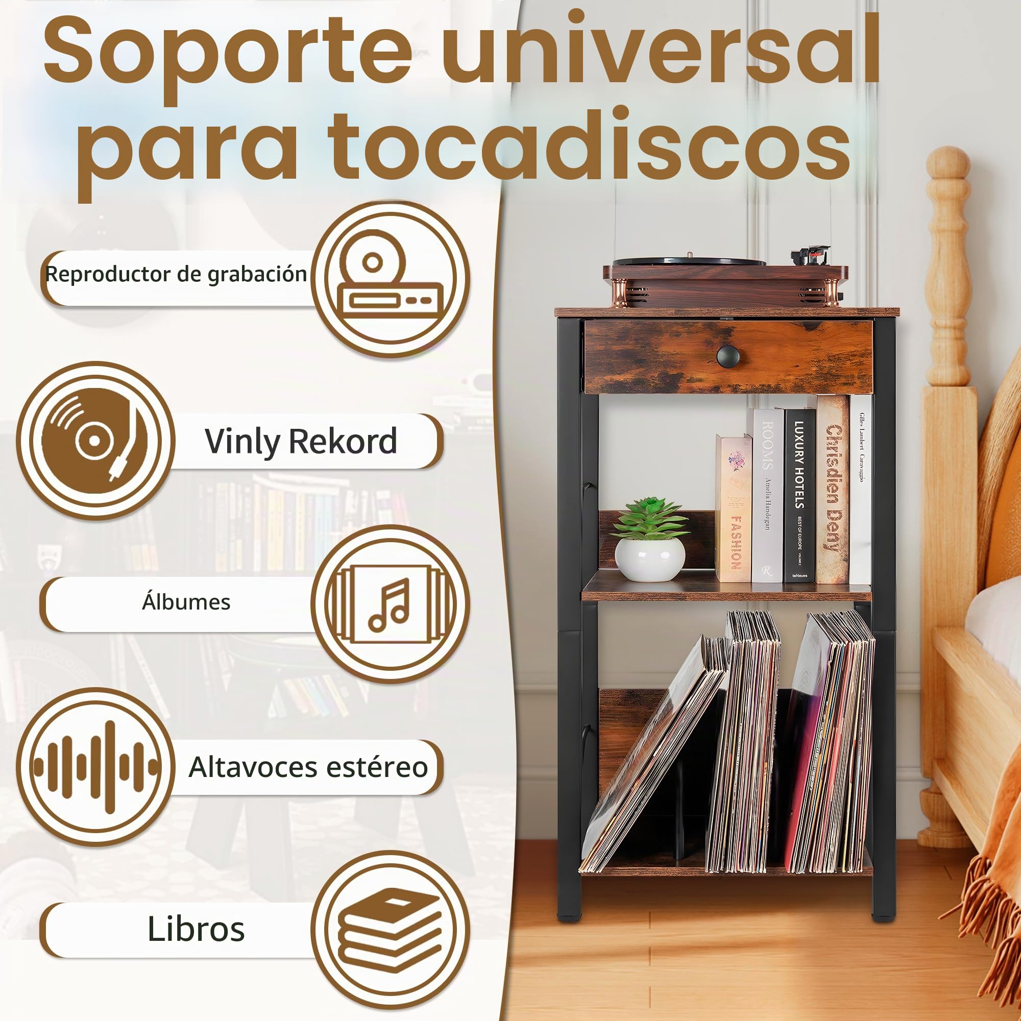 OUUTMEE Tocadiscos de vinilo, mesa giratoria de 3 niveles con cajón y estante para hasta 100 álbumes, estante tocadiscos, mesa auxiliar para salón, dormitorio, oficina