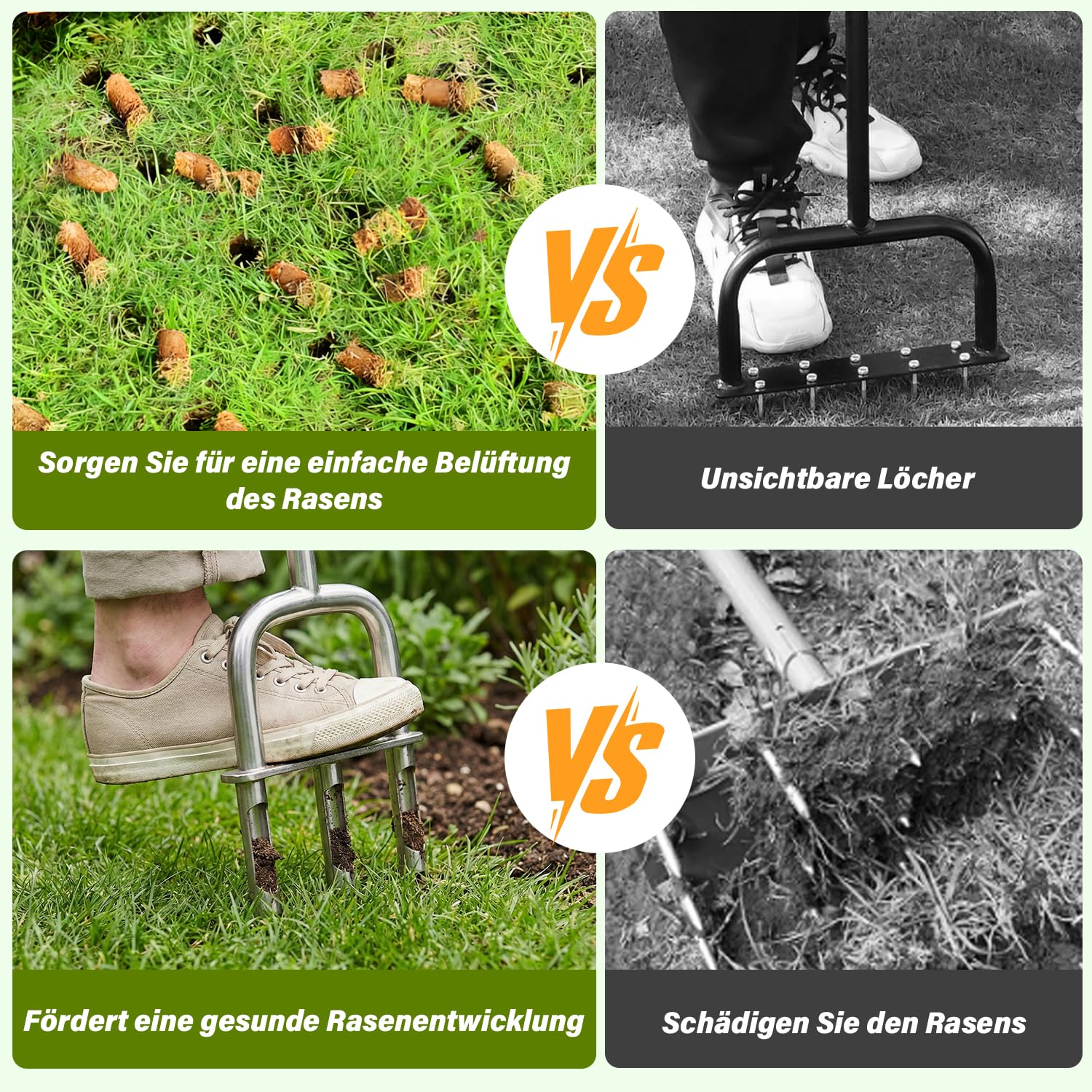 Aerifizierer für Rasen, 2-in-1 Rasenspecht mit 3 Hohlspoo, Edelstahl T-Griff-Rasenlüfter für verdichtete Böden, Rasenpflege(100cm)