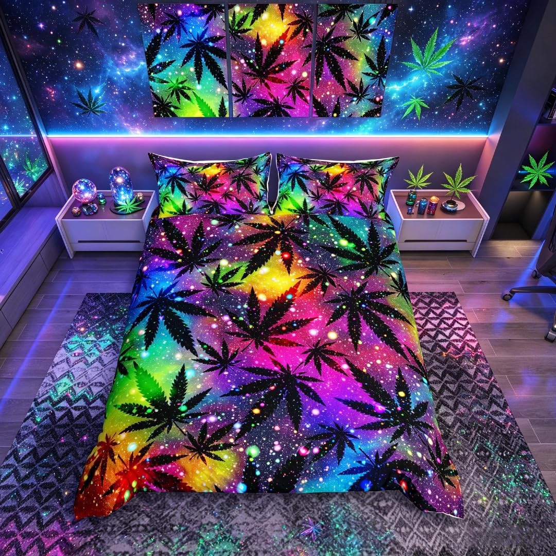 Funda nórdica con hojas de marihuana adolescente cannabis, galaxia, juego de cama para niños, niños, niñas, mujeres, hombres, jóvenes, marihuana, hierba, hojas, juego de fundas de