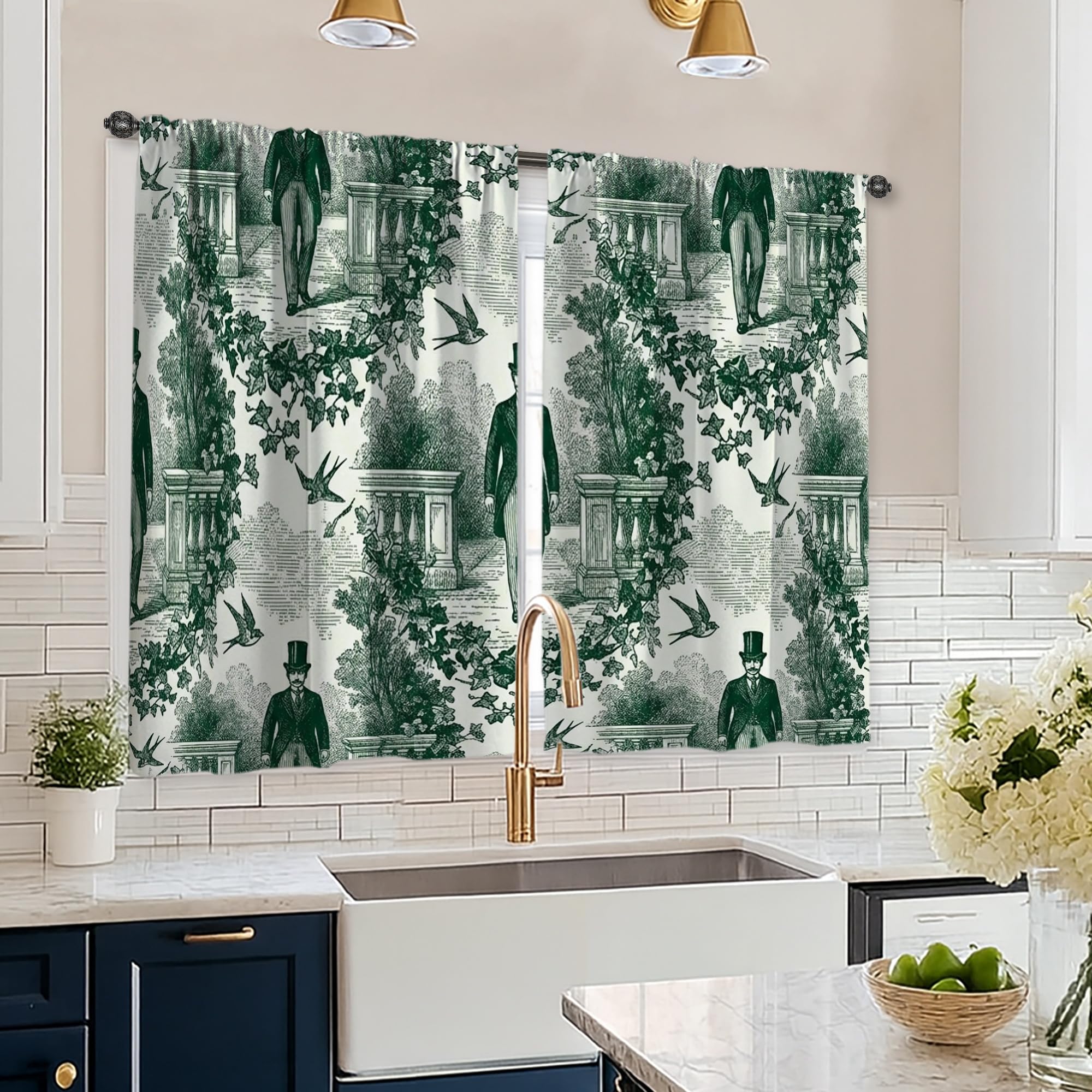 Rideaux de cuisine vintage vert 66x114 cm pour fenêtre étroite
