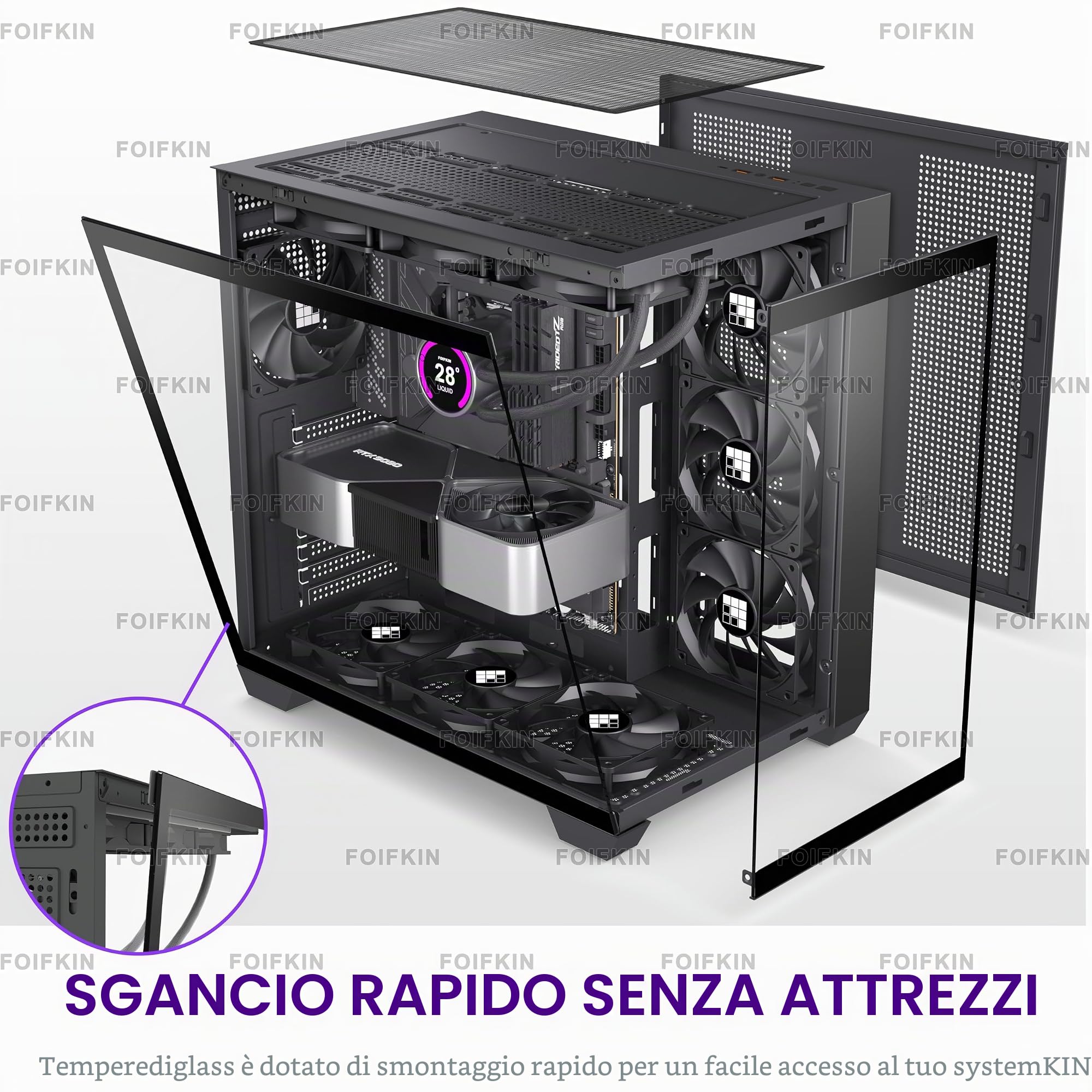FOIFKIN F300 Case per PC ATX con 4 ventole non RGB, case per computer Mid-Tower ad alto flusso d'aria, case per PC da gioco Big Tower, custodia ATX nera, con case per computer con radiatore di tipo C