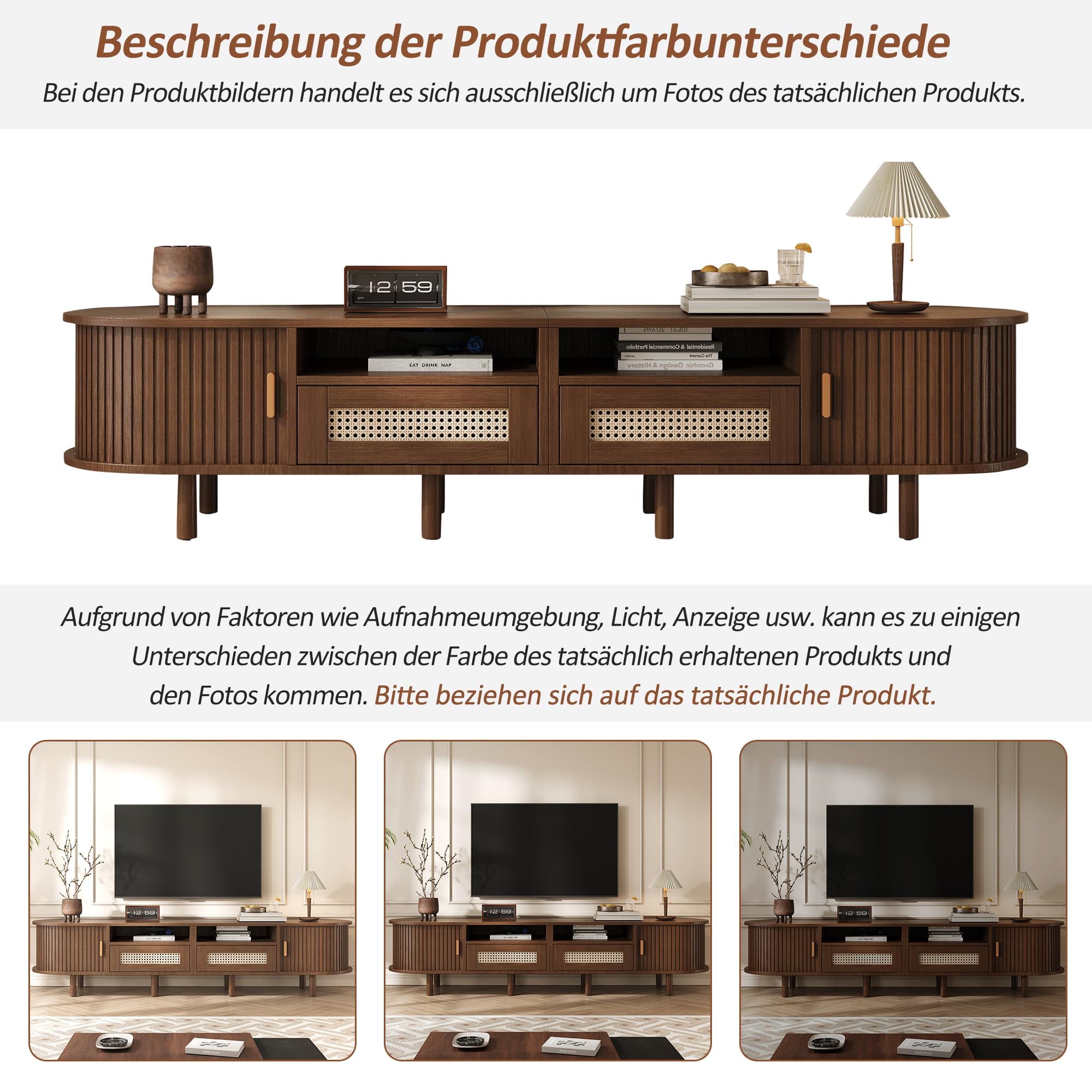 ModernLuxe Mobile TV Ovale e Tavolo TV per 70 Pollici, con 2 Cassetti in Rattan, 2 Ante Scorrevoli, Credenza Bassa, 170 * 40 * 40 cm Color Noce
