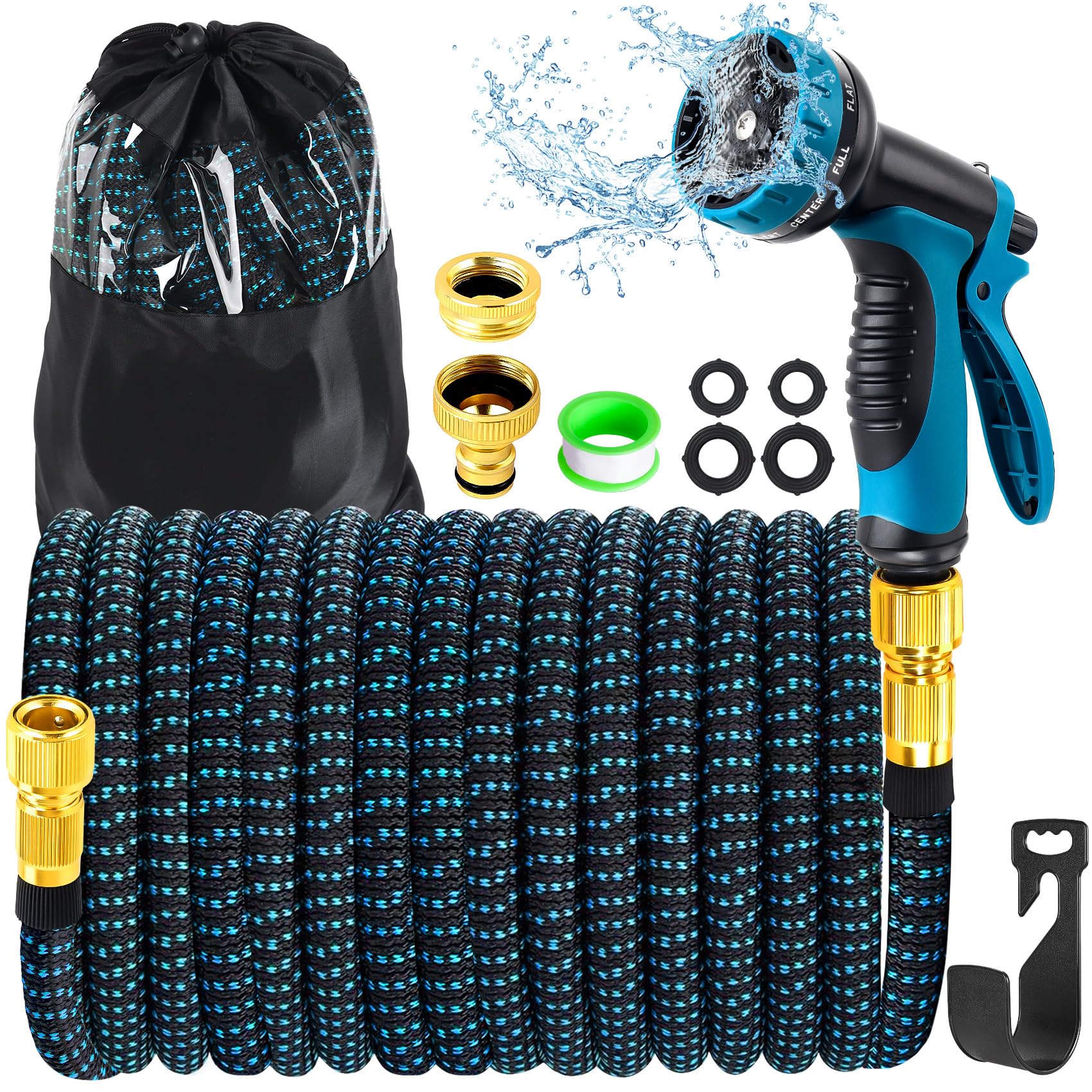 Feebee Blue Expandable Garden Hose - Upgraded 3-Layer Latex Hose Pipe 50Ft 15M Leak-Proof, Expanding Hose With Spray Gun, Stretchy Magic Hose With Fittings,No-Kink Flexible Water Hose For Garden,Pet,Car Cleaing