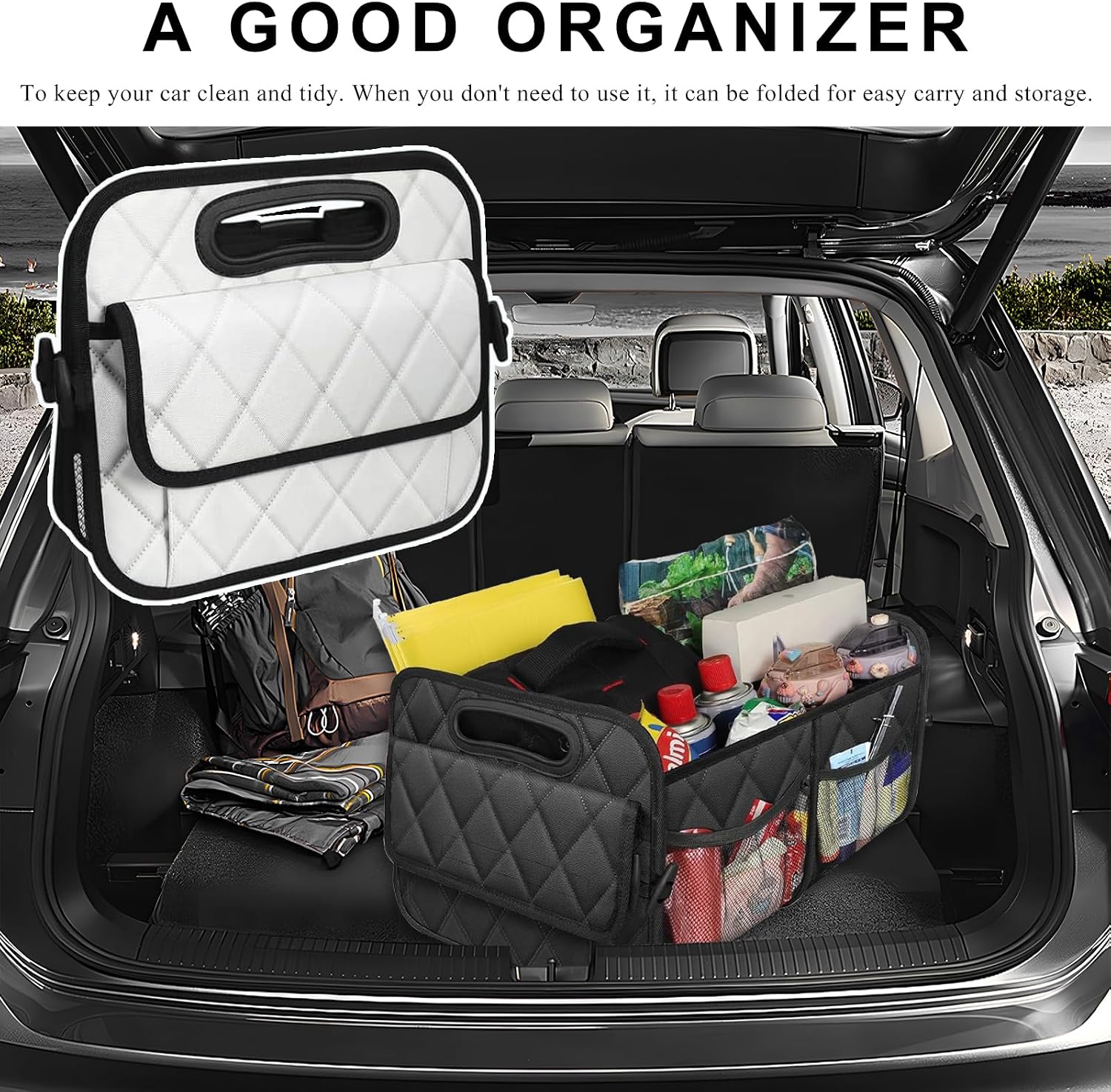 Car Trunk Organizer, Collapsible Auto Storage Box with Multi Pockets, Waterproof Oxford Cargo Organizer with Reinforced Handles, Universal Car Accessories for Men Women (White)