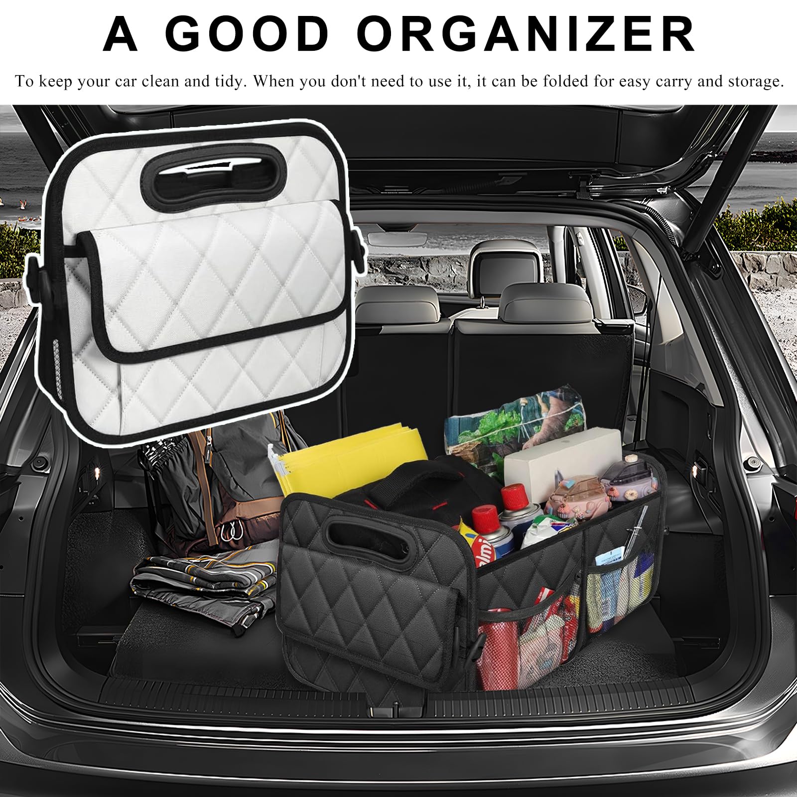 Kofferraum-Organizer, faltbare Auto-Aufbewahrungsbox mit mehreren Taschen, wasserdichter Oxford-Cargo-Organizer mit verstärkten Griffen, universelles Autozubehör für Männer und Frauen (weiß)