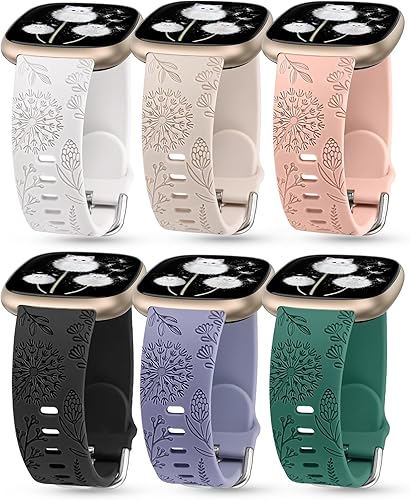 Minyee Paquete de 3 correas grabadas florales compatibles con Fitbit Versa 4Versa 3Sense 2Sense Band para mujer, lindo diseño de flores de diente de