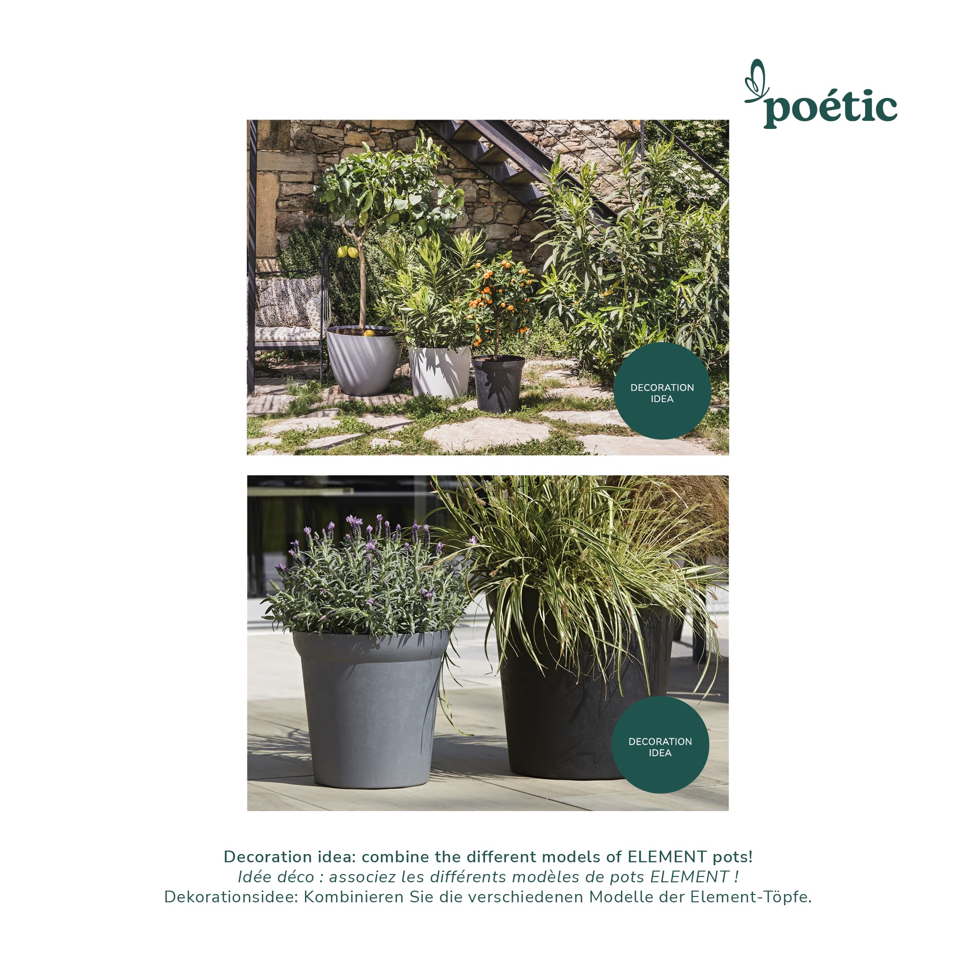 POETIC - Blumentopf für den Außenbereich - Konisches Pflanzgefäß für Indoor - Farbe Schiefer - 39,1 x H.32 cm, 30 Liter - Aus recyceltem Kunststoff