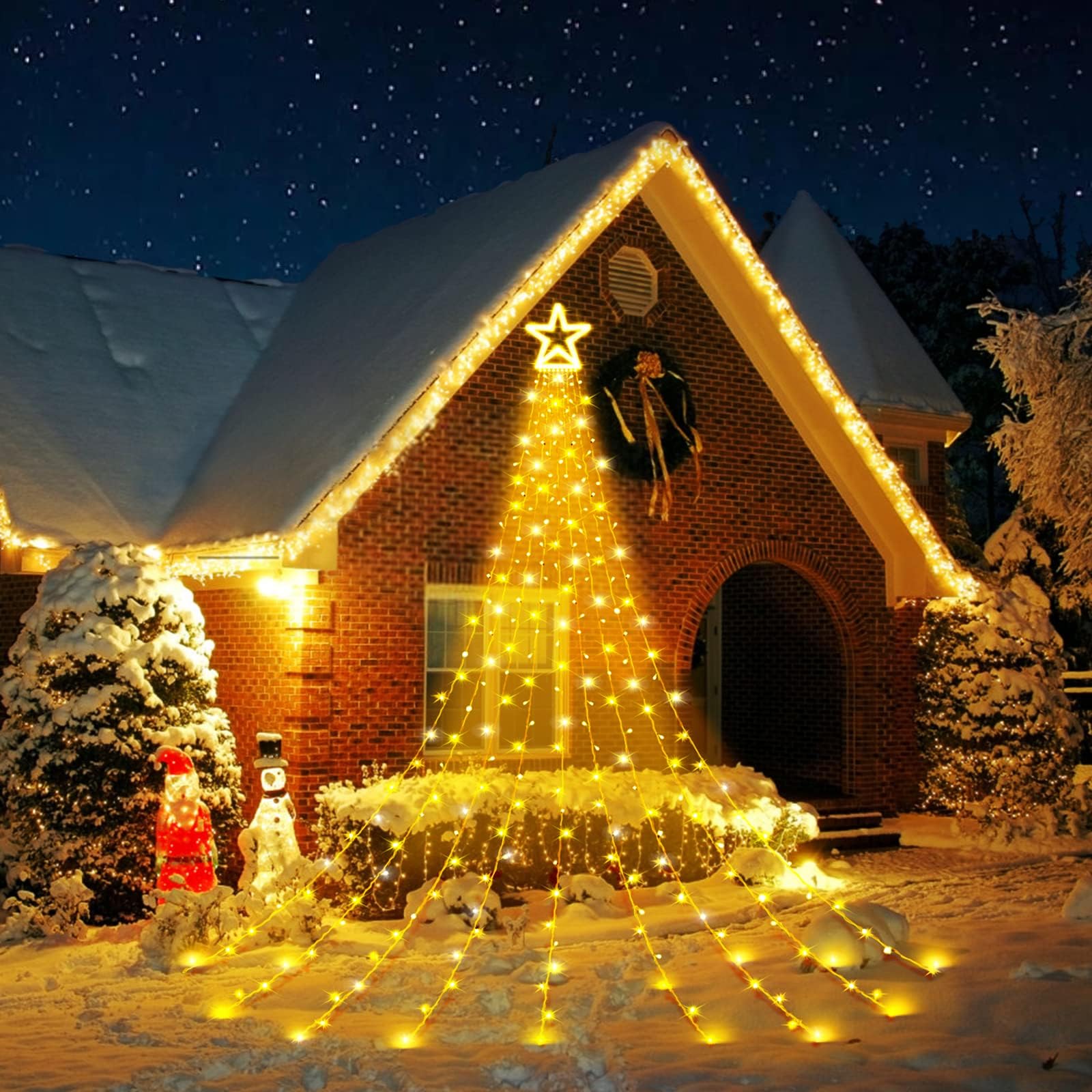Opard Lichterkette Außen Innen 3.5m x 9 Vorhänge mit Sterne, 317 LED Lichterkette Weihnachtsbaum 8 Modi Christbaumbeleuchtung, Lichterkette Eisregen für Tannenbaum, Weihnachtsbaum, Garten, Hochzeit Beleuchtung