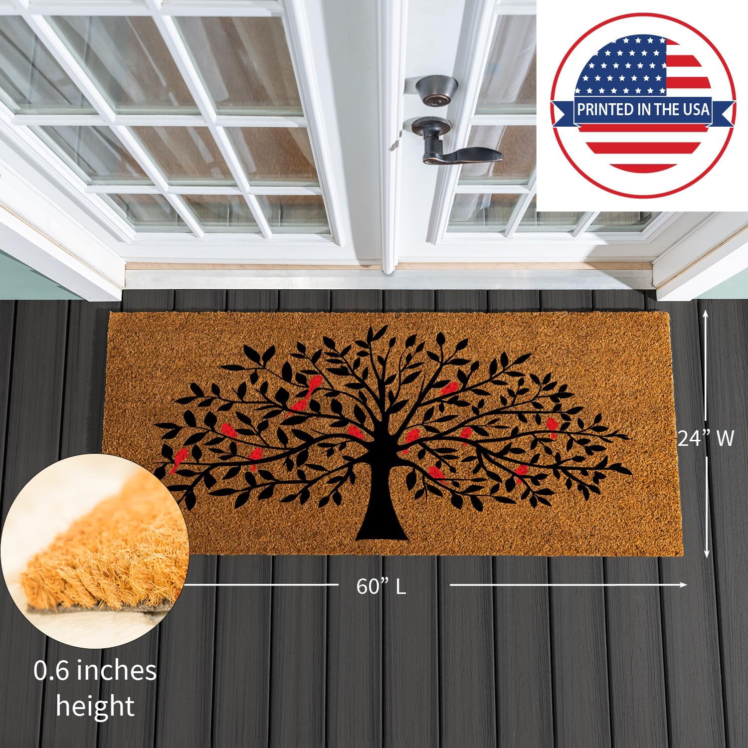 Evergreen Tree of Life Coir Doormat, 2' x 5' Extra Large Front Door Mat, Outdoor Indoor Entrance Rug, Non-Slip Welcome Mat for Double Doors Porch Patio (Red Birds, 24"x60")
