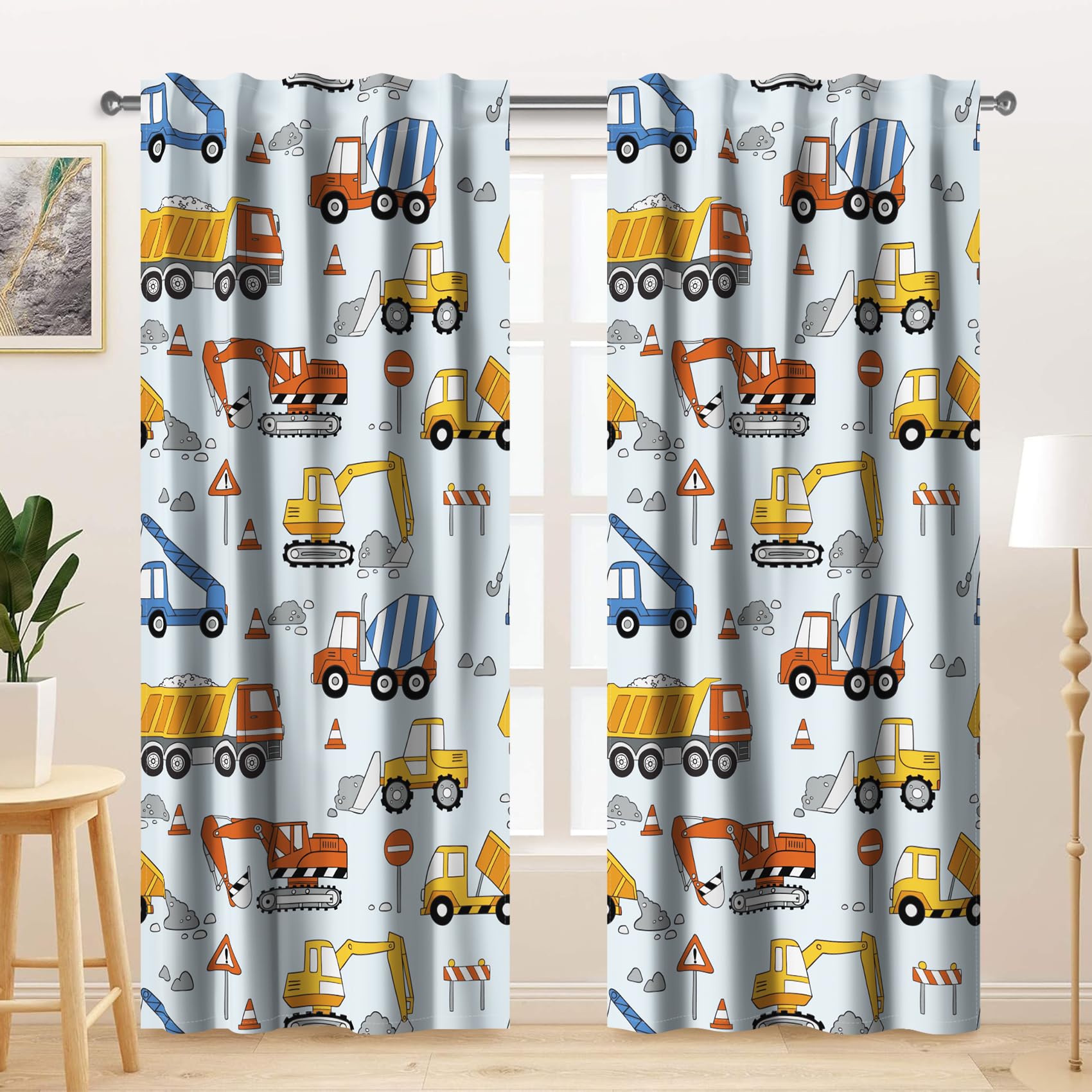 107x160cm Rideaux pour Enfants 2 Panneaux, Chantier de Construction camions excavatrice Grue Bulldozer Rideau Filtre la lumière, Décoration Bleu Jaune pour Chambre de garçon Enfant et Salon