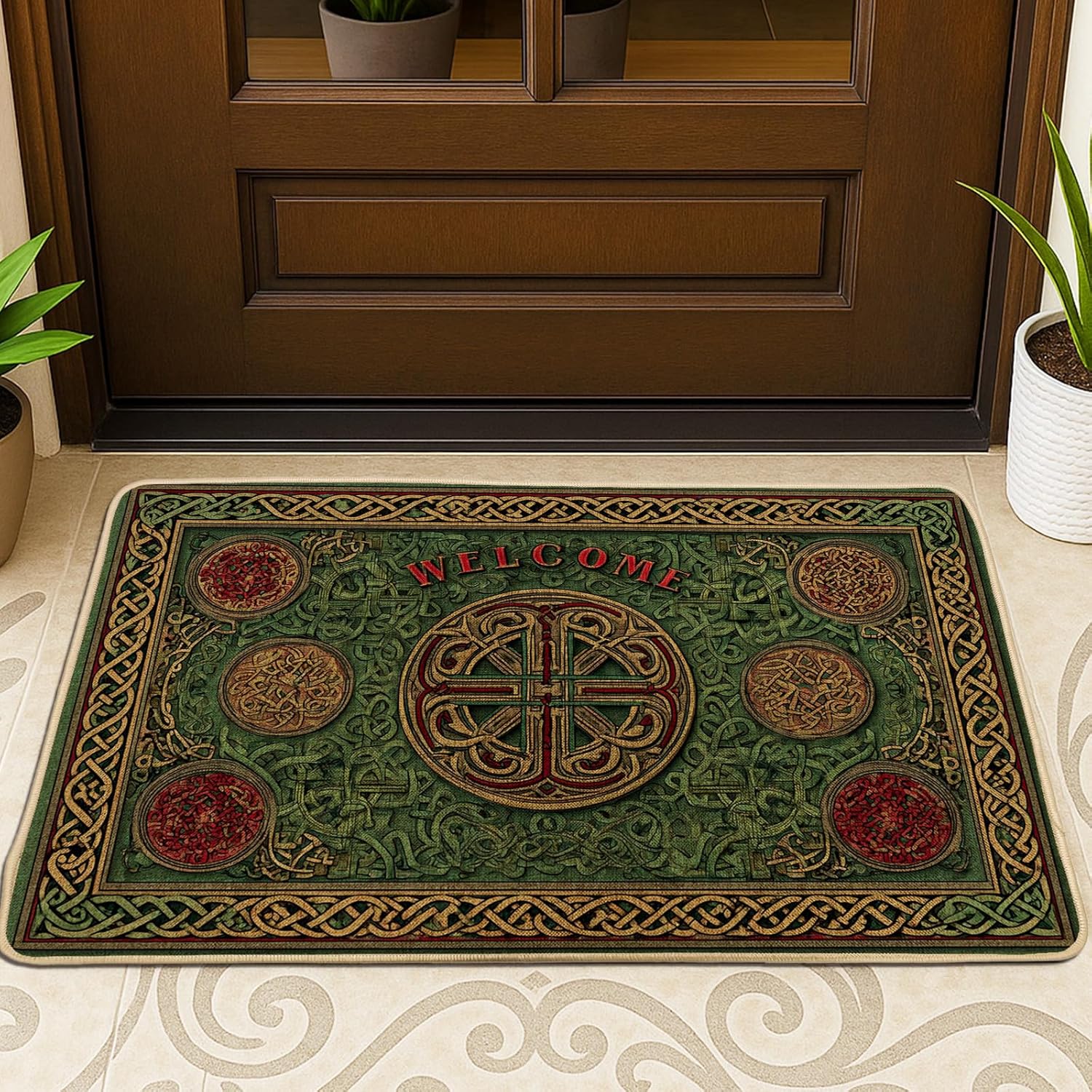 Celtic Design Doormat, Green Welcome Floor Mat for Outdoor & Indoor Entryway Spring Decor, Non-Slip Dust-Resistant Front Door Mats, Easy Care 29x17 Inch
