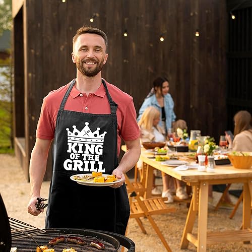 Miniatura 9 de Delantales personalizados para barbacoa para hombres, divertido delantal de cocina para barbacoa en algodón negro, ajustable con 2 bolsillos, tamaño