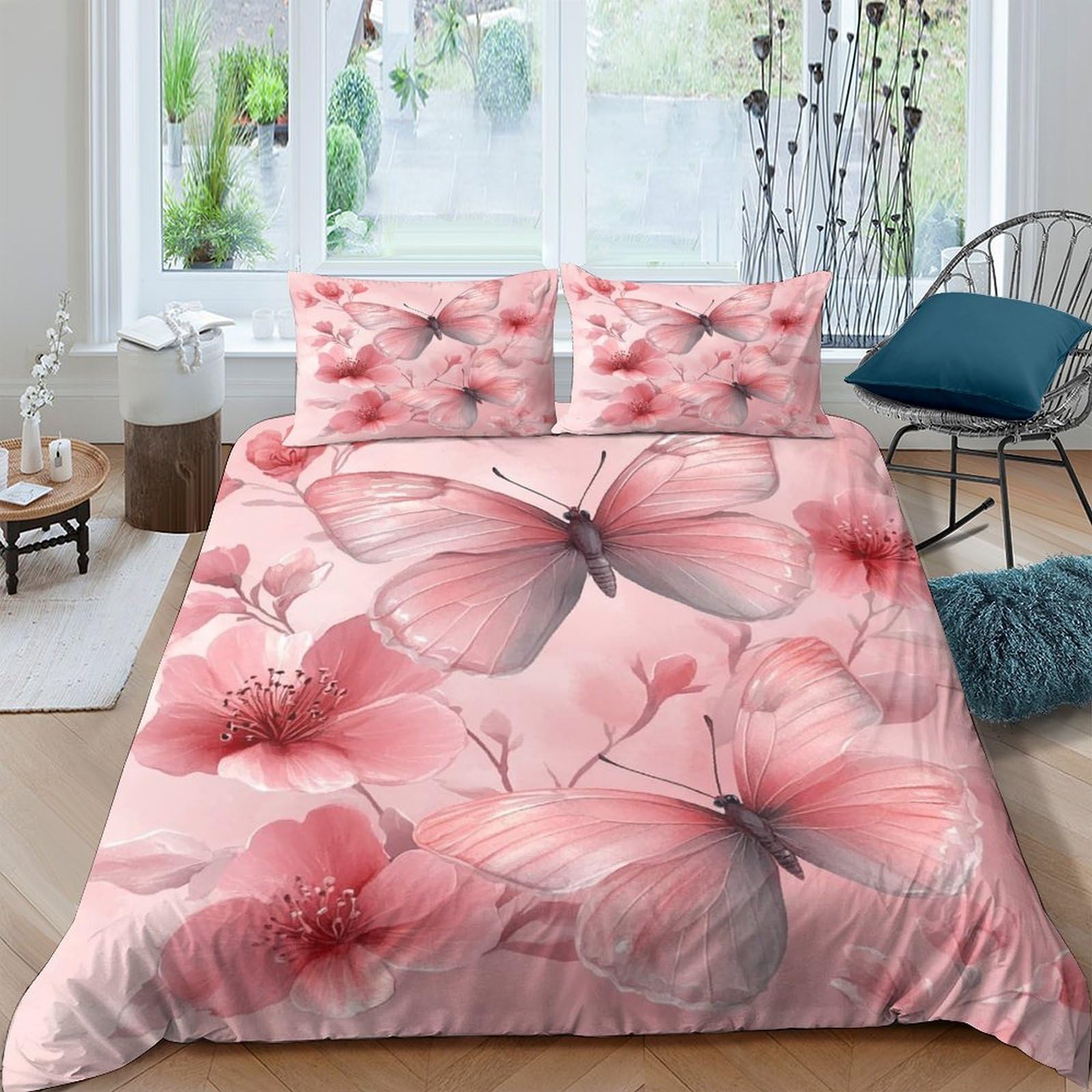 GPLZQXKJNH 3D Printed Pink Butterfly Duvet Cover Microfiber Soft Floral Quilt Cover Set with 2 Pillowcases for Bedroom Decor Single（135x200cm）