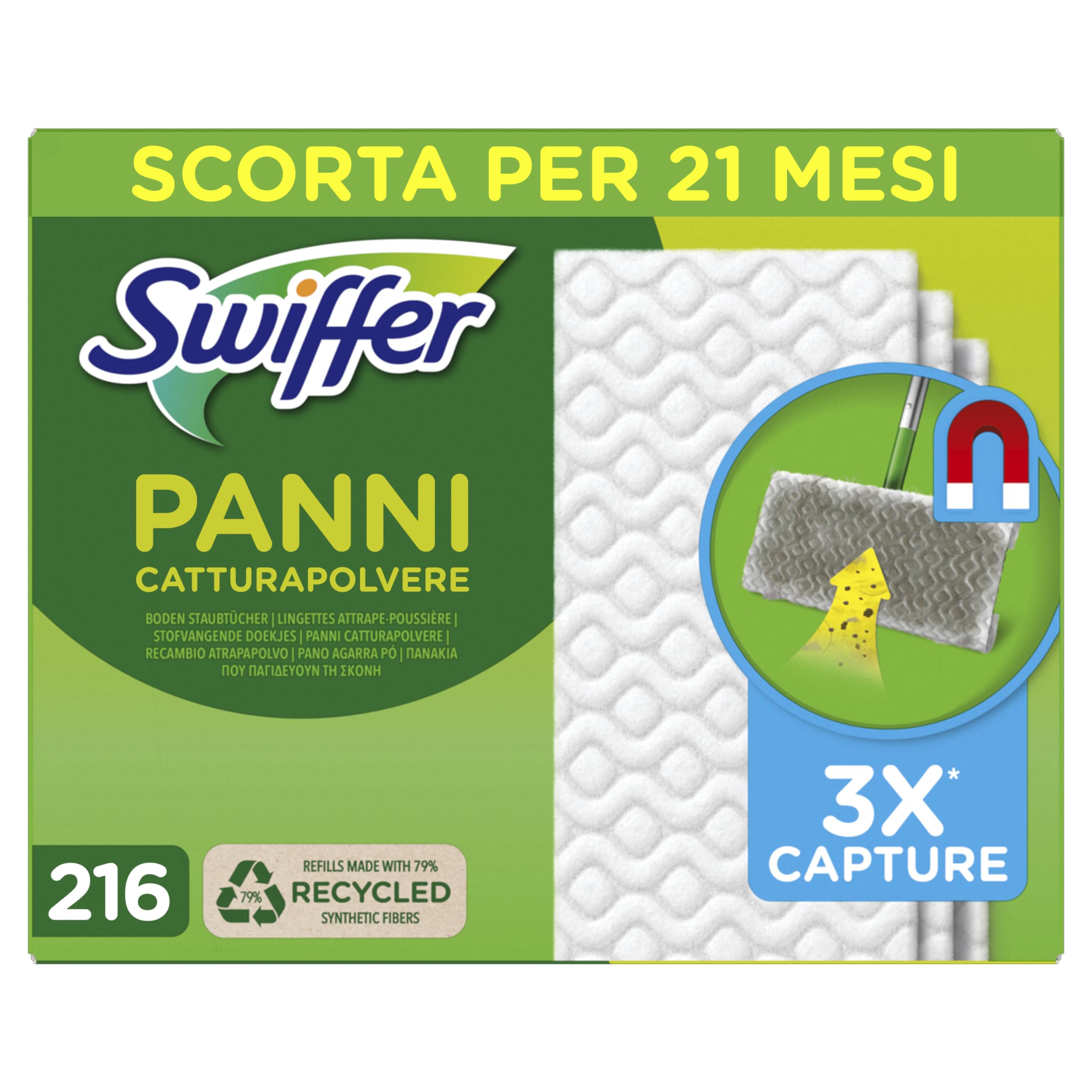 Swiffer 216 Panni Catturapolvere, in Microfibra Dry, Panni Cattura Sporco, Ottimo per Tutti i Tipi di Pavimenti e per i Peli di Animali, Maxi Formato con 79% di Fibre Riciclate