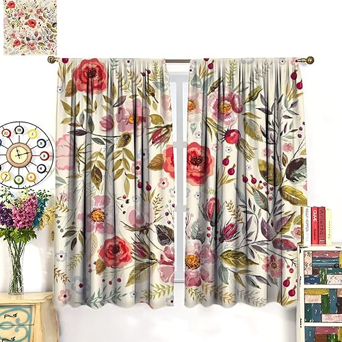 Miniatura 598 de Retro 70s Floral Blackout Window Curtains, Watercolor Flower Plant Rustic Modern Style Pattern Window Drapes, for Bedroom Living Room 42x45in 2