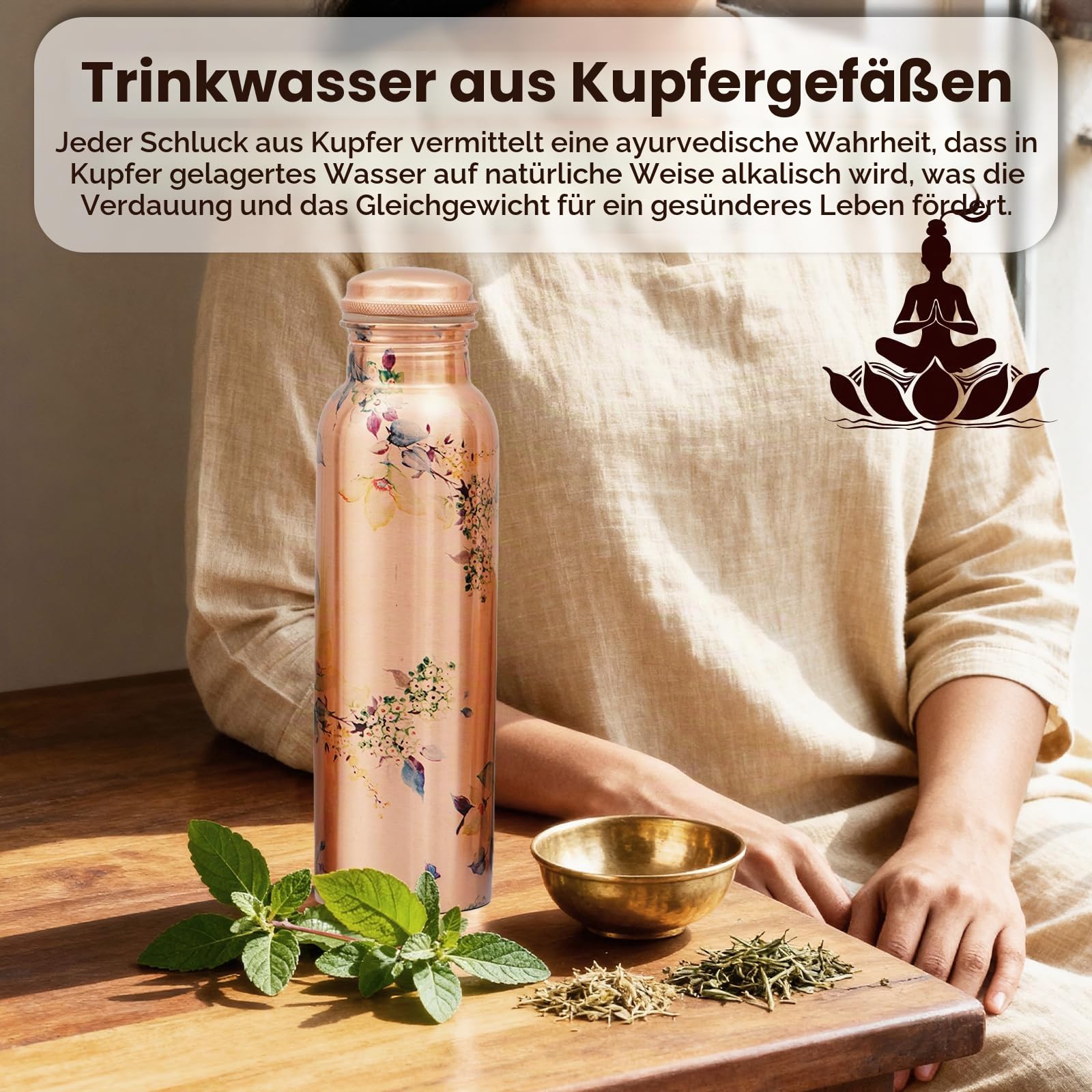 Craft Trade Wasserflasche aus reinem Kupfer, 1000 ml, auslaufsichere ayurvedische Kupferflasche für Büro und Yoga – 2 Stück