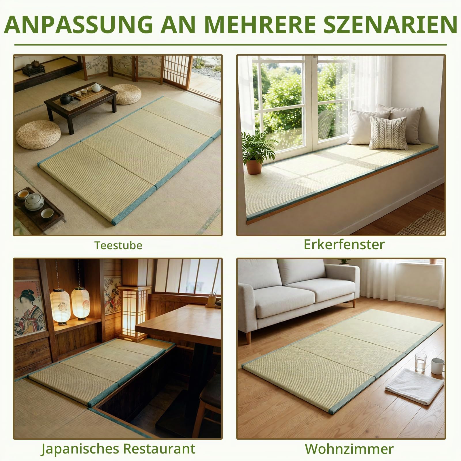 Japanische Traditionelle Tatami Matratze mit Natürlichem Grünen Rushgras, 4-Fach Tragbarer Futon, Bequemer und Atmungsaktiver Stoff für Bett/Meditation/Yoga/Zen(Size:100x200x3.5cm)