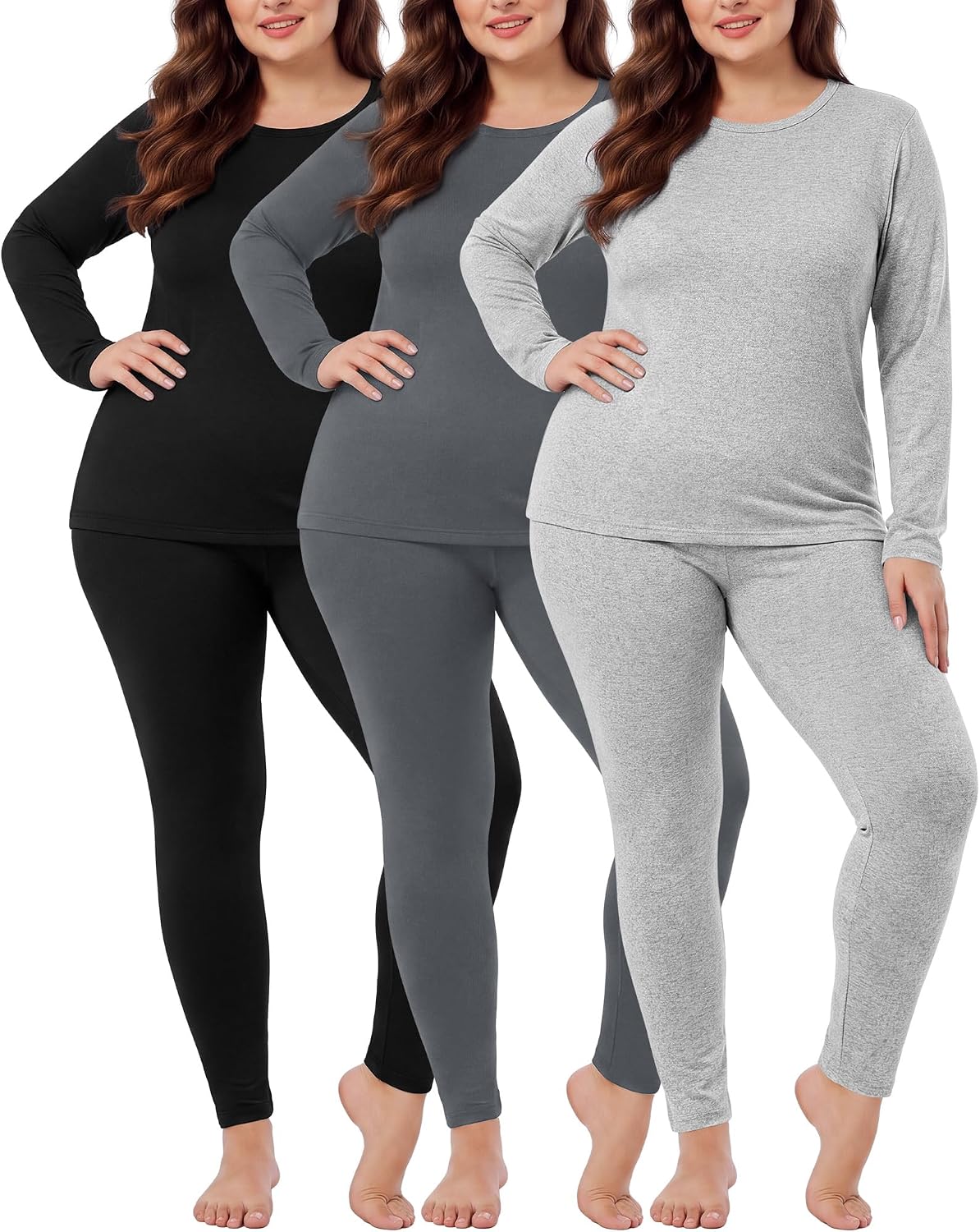 Patelai 3 Pack Plus Size Women Thermal Underwear Set Fleece Lined Long Base Layer Top and Bottom Winter Cold Weather 1X-5X