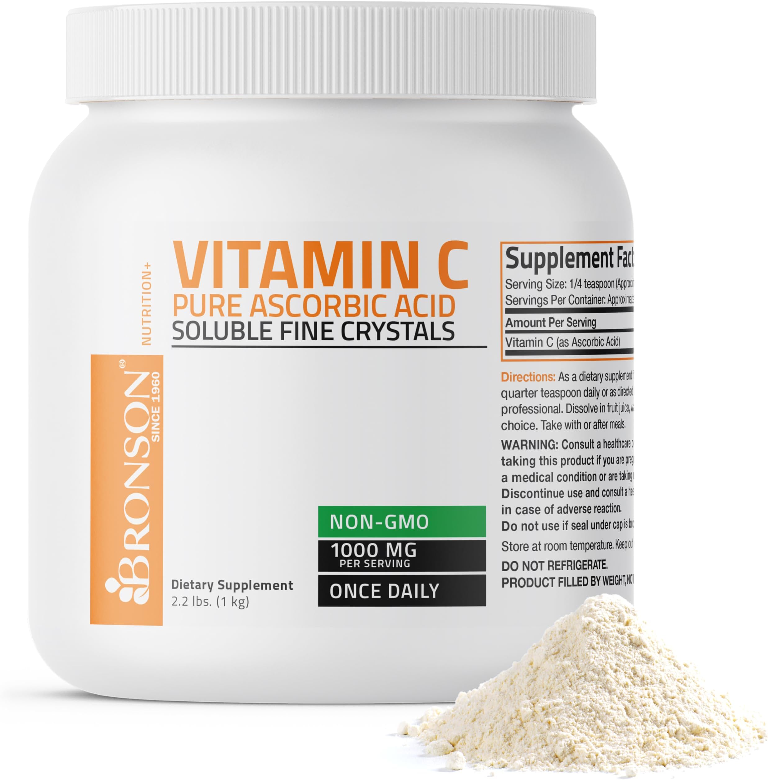 Bronson Vitamin C Powder Pure Ascorbic Acid Soluble Fine Non GMO Crystals – Promotes Healthy Immune System and Cell Protection – Powerful Antioxidant - 1 Kilogram (2.2 Lbs)