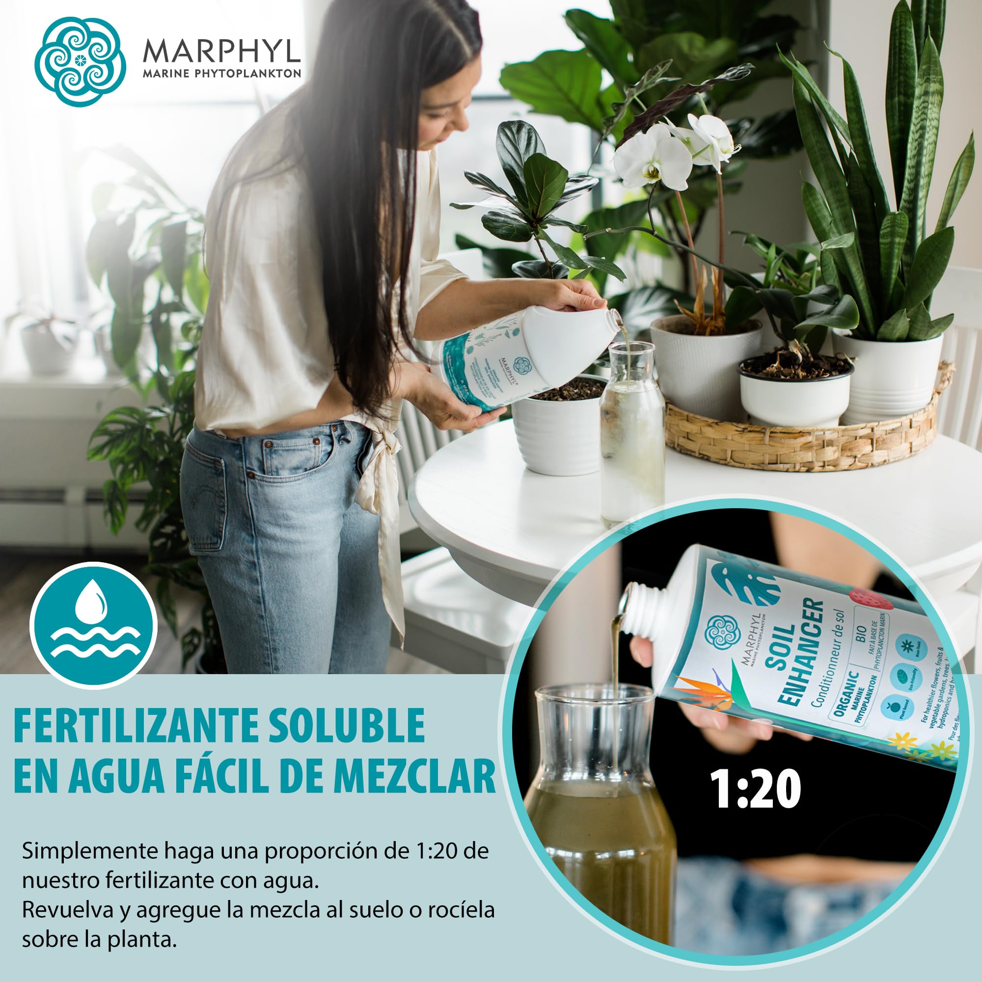 MARPHYL Fertilizante Líquido Orgánico - Fertilizante Plantas Interior y Exterior - Alimento Nutritivo para Plantas - Potenciador del Suelo para Jardín, Flores, Verduras, Suculentas, Bambú, Hidroponía