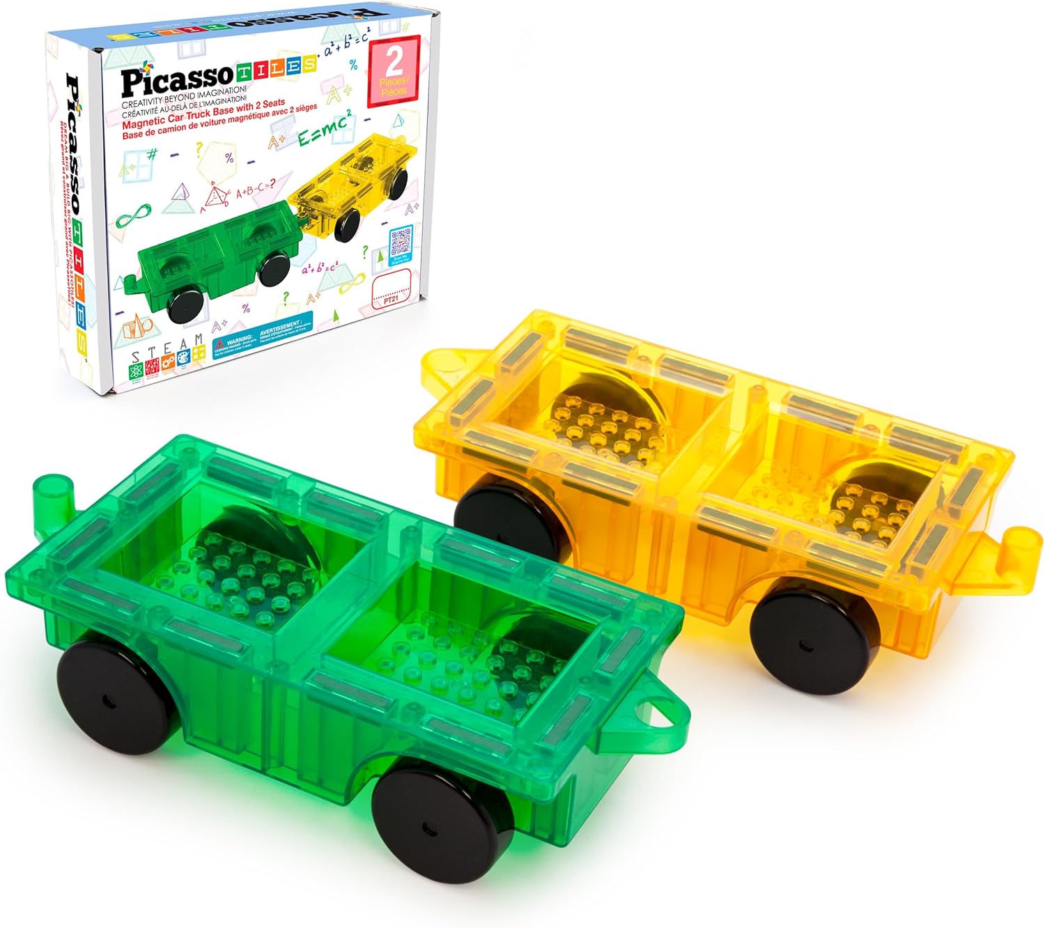 PicassoTiles 2pcs Magnetic Tiles Expansion Car Truck Building Blocks Compatible with regular bricks, Kids Magnet Bricks STEM Learning Toys, Add-ons Toddler Preschool 3 Years and up Boys and Girls PT21
