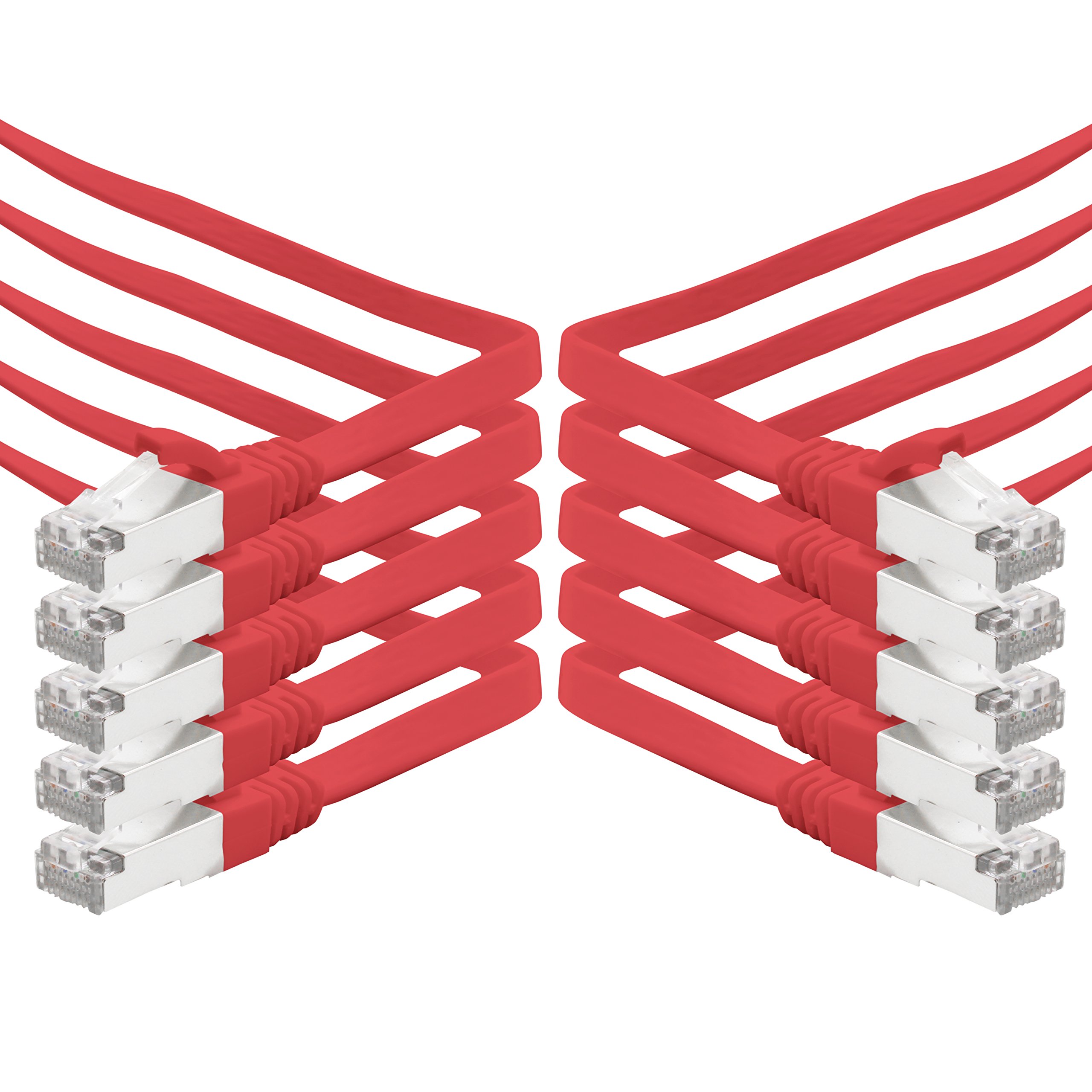 1aTTack.de 0.5m - rot - 10 Stück CAT.7 Gigabit Ethernet LAN Flachband Flachbandkabel (RJ45) Netzwerkkabel Rohkabel (10Gbit/s) Verlegekabel Flach Slim kompatibel zu Cat.5 - Cat.5e - Cat.6