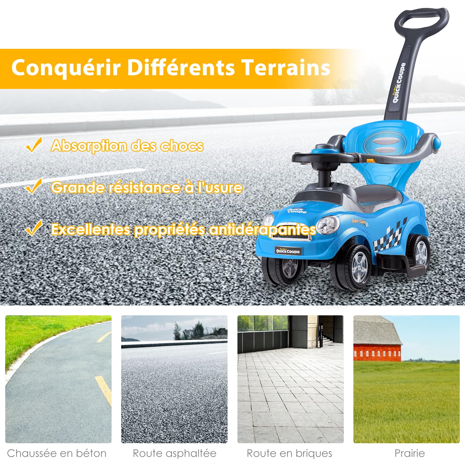 DREAMADE Voiture Enfant Porteur avec Barre de Sécurité Amovible & Anti-Basculement, pour 2-6 Ans (Bleu)