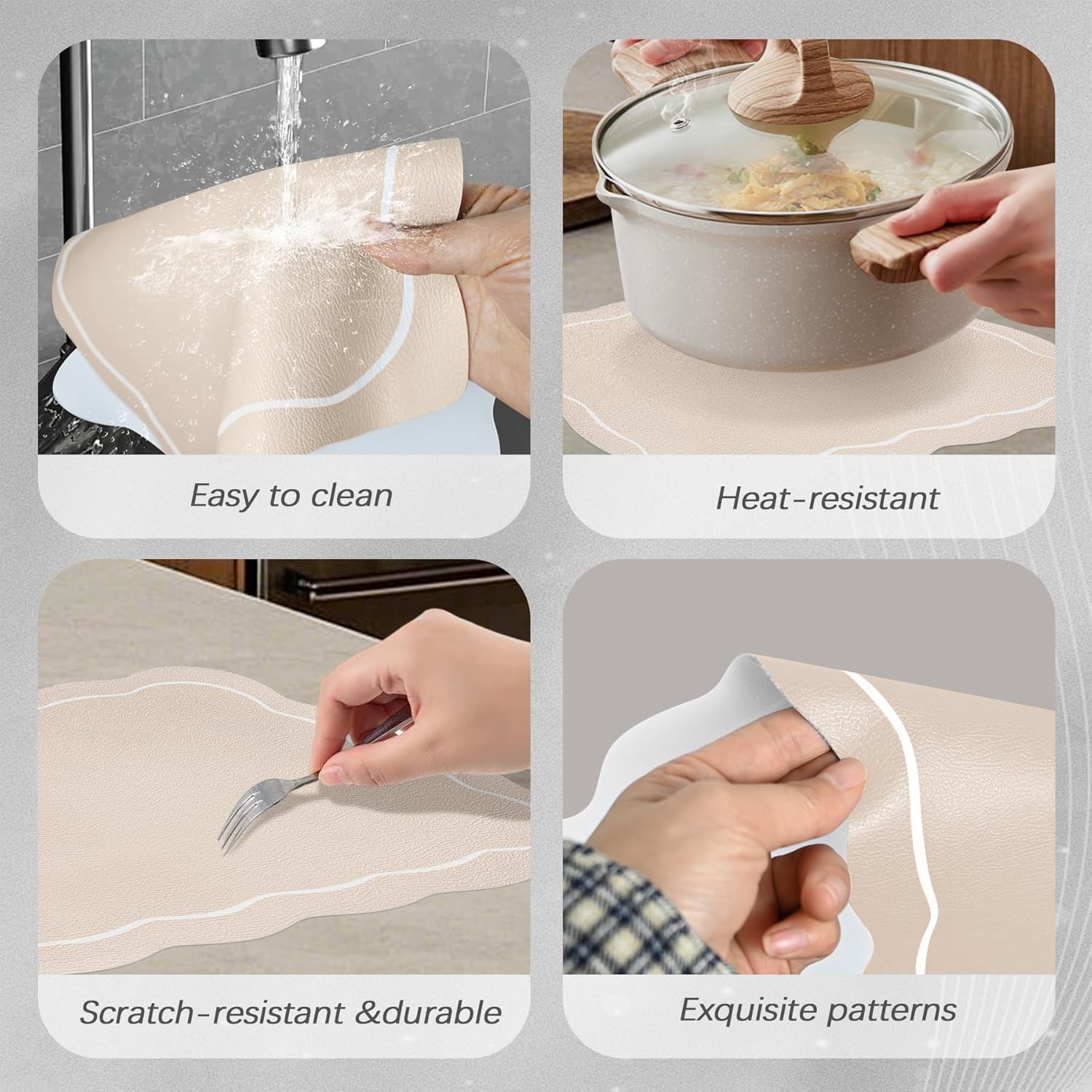 Set of 4 Beige Vinyl Placemats with Coasters 16.5 Inch Beige Scalloped Vinyl Placemats Waterproof Faux Leather Place Mats Wipeable Heat Resistant for Kitchen Dining Table Decor