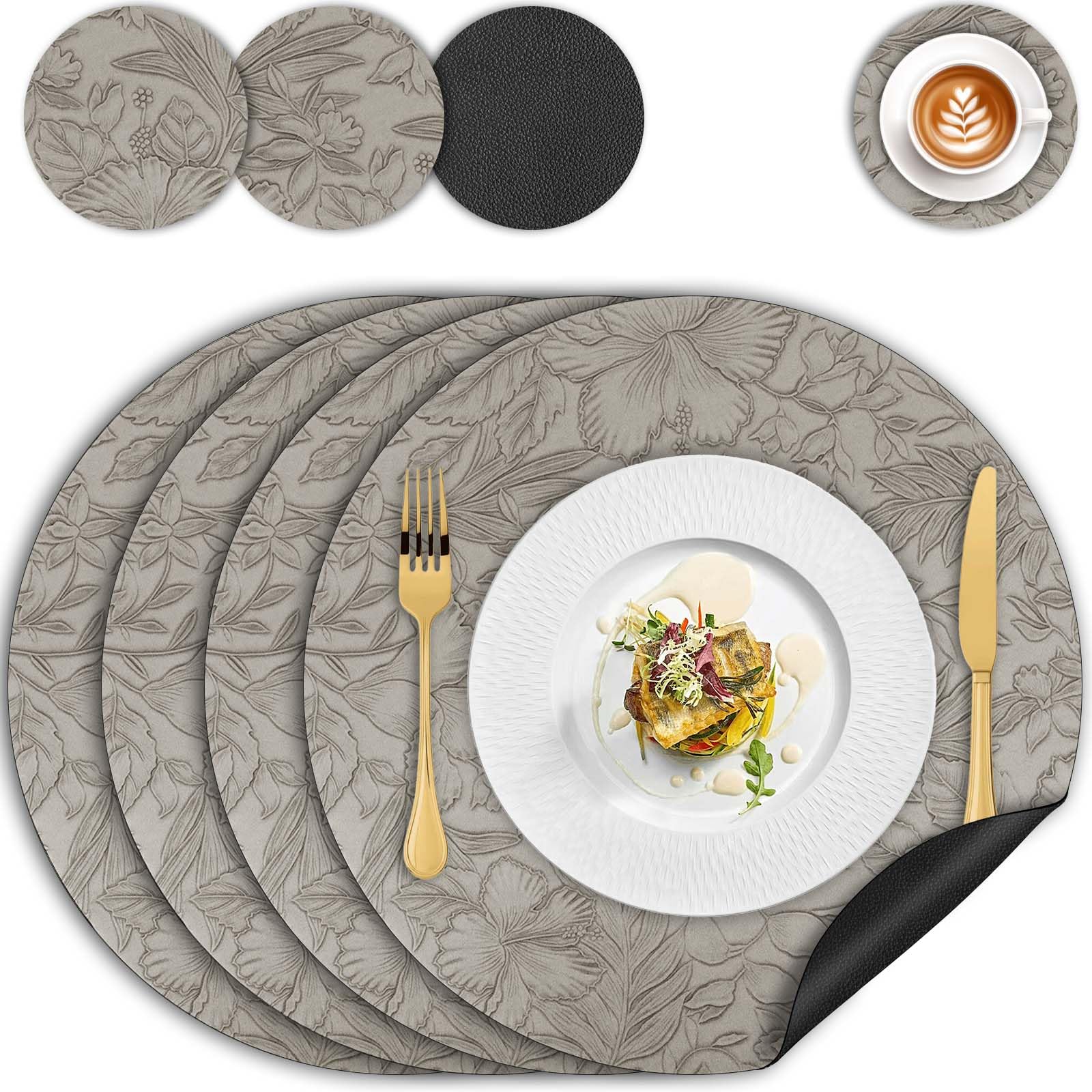 Placemats and Coaster Sets 4, Round Leather Floral Dining Table Mats (34cm) Heat Resistant Waterproof Dual Sided Kitchen Place Mats Non-Slip Washable Coffee Mats for Home Restaurant Hotel (Grey Black)