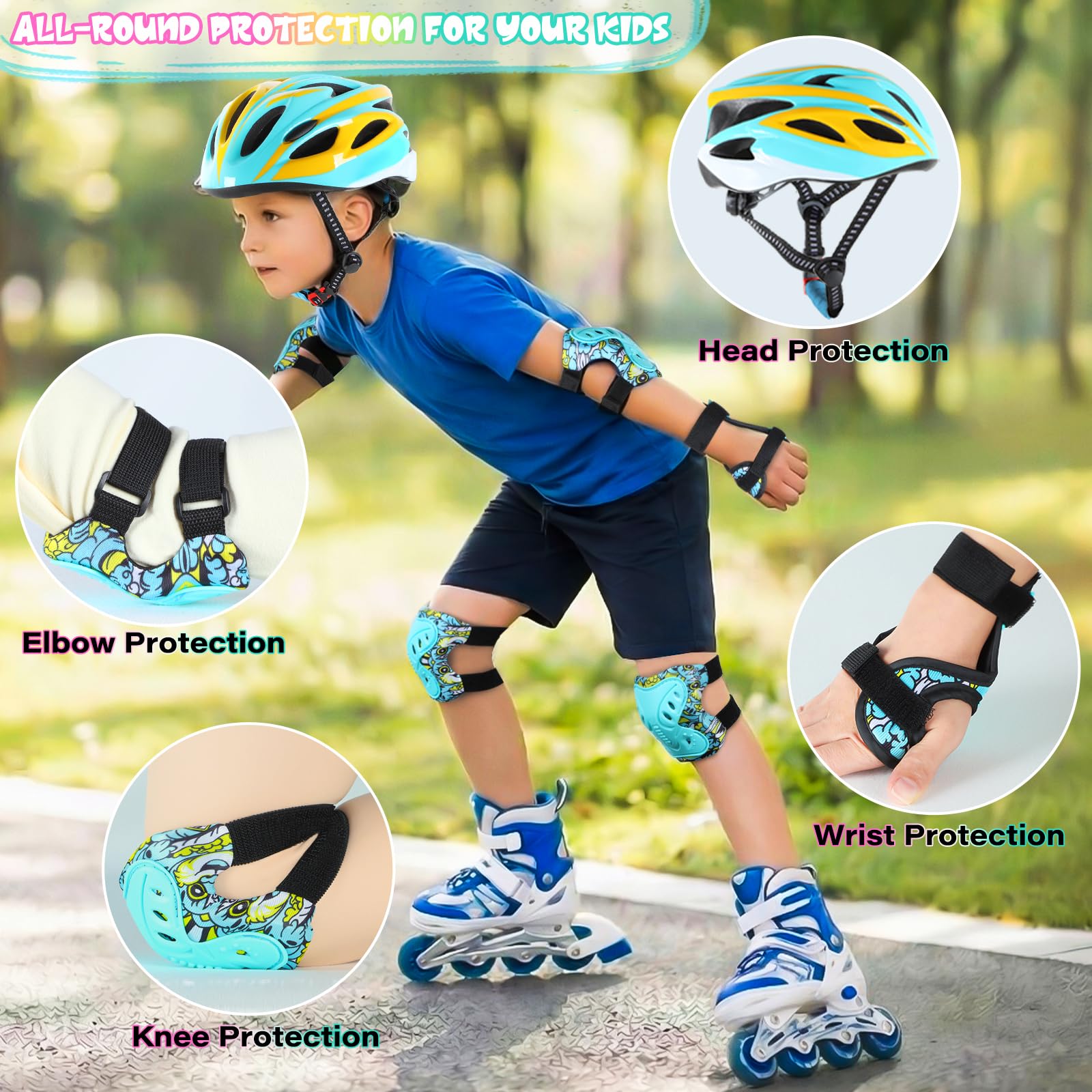 Casque Vélo Enfant Casque Ajustable pour Filles Garçons avec Réglables Genouillères et Coudières Équipement de Protection pour Cyclisme Roller Skateboard Scooter 52-58 cm 3-12 Ans