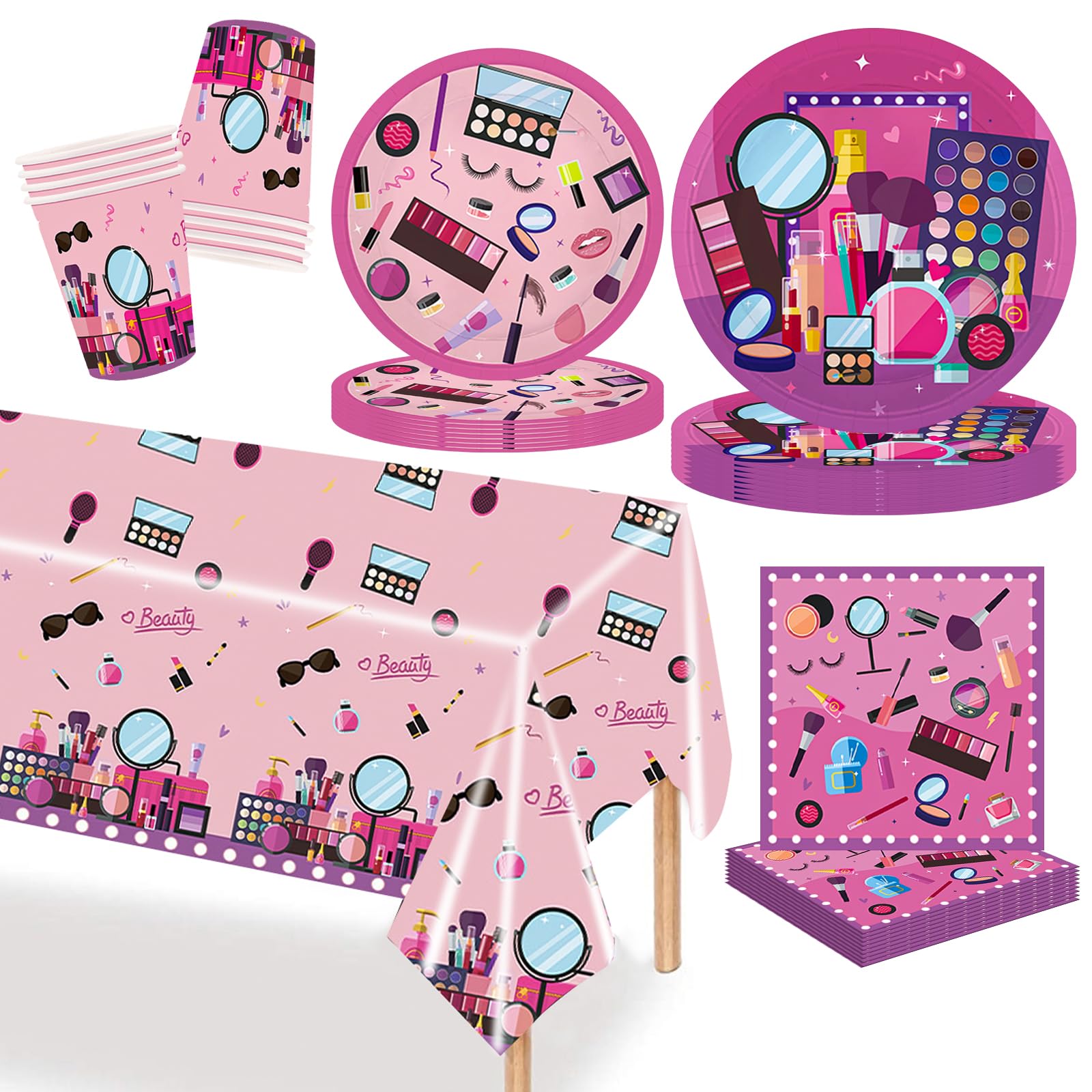 MORAINJAY 51Pcs Makeup Party Tableware Set,Spa Birthday Party Tableware Set,Paper Plates,Paper Cups,Napkins,for Girls Kids Princess Sweet Pink Make up Theme Birthday Party Supplies(10 Guests)