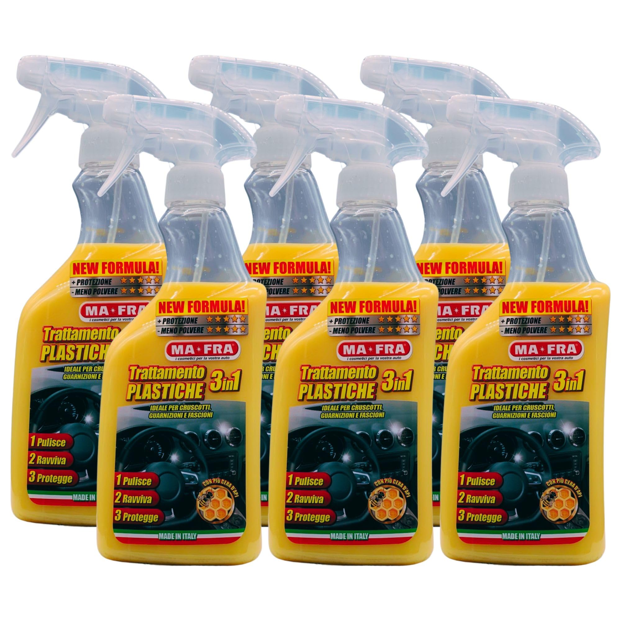 Detergente Spray TRATTAMENTO PLASTICHE 3In1, Ideale Per Cruscotti, Guarnizioni e Fascioni. Pulisce, Ravviva e Protegge Le Parti Interne Dell'Auto 500ml (6 Spray)