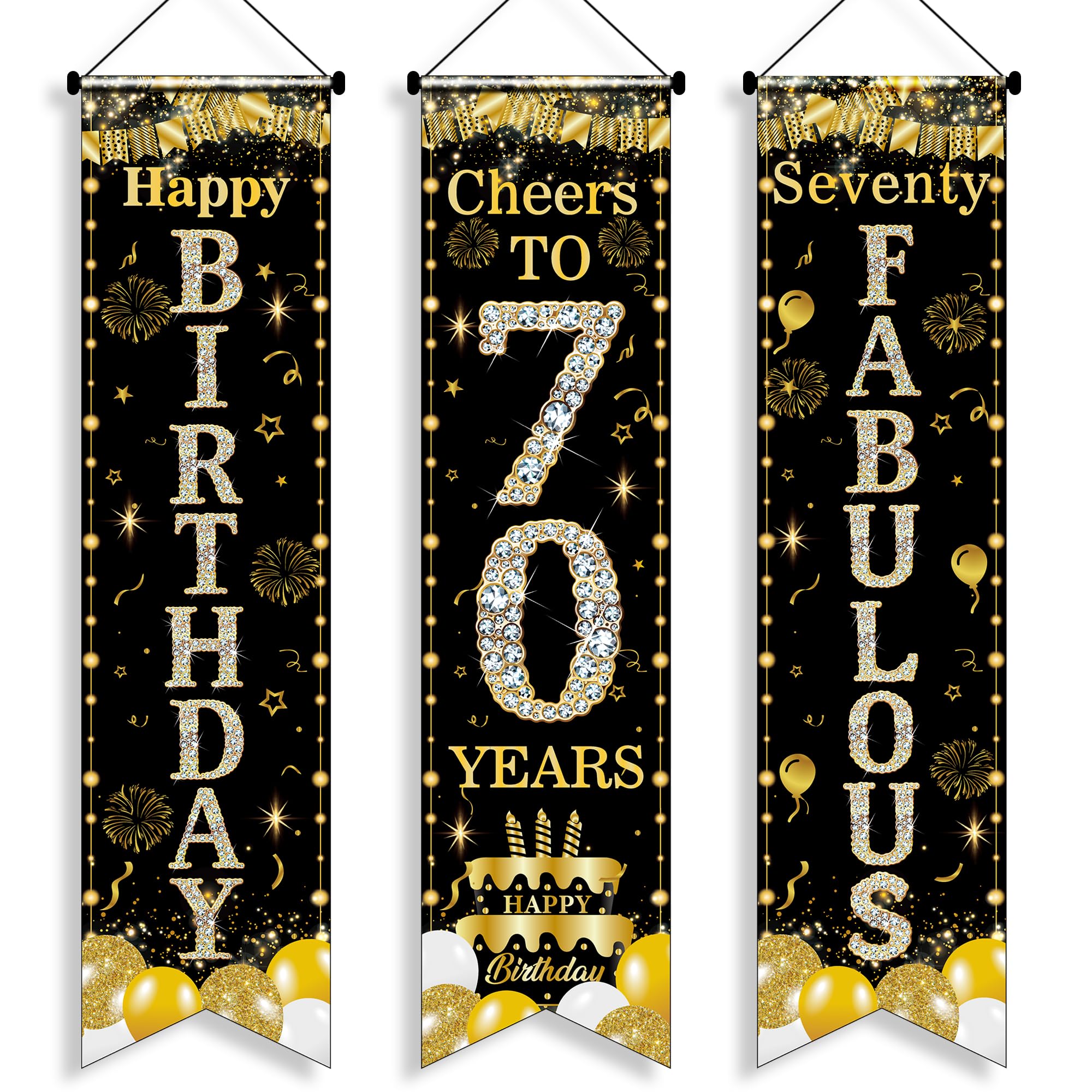 70th Birthday Decorations Door Banner - 3 Pcs Black Gold Seventy Fabulous