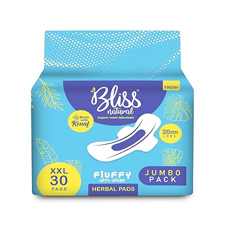 Bliss Natural Organic Sanitary Pads For Women | Rash-Free Sanitary Pads | Heavy Flow Pad | Jumbo Pack | Size - XXL | Pack Of 30 Pads | Whole Night Protection